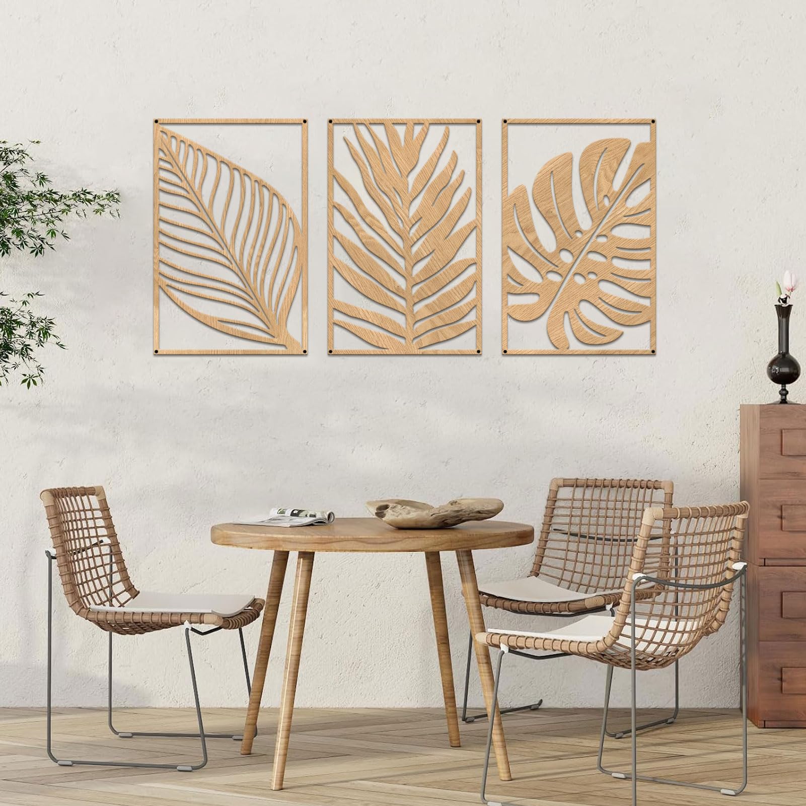 Resama 3 Pcs Boho Metal Wall Art Decor Leaf Sign Wall Vintage Tropical Plant Wall Rustic Palm Leaf Metal Wall Sculpture for Living room Bathroom Bedroom Office (Oak) - Image 4