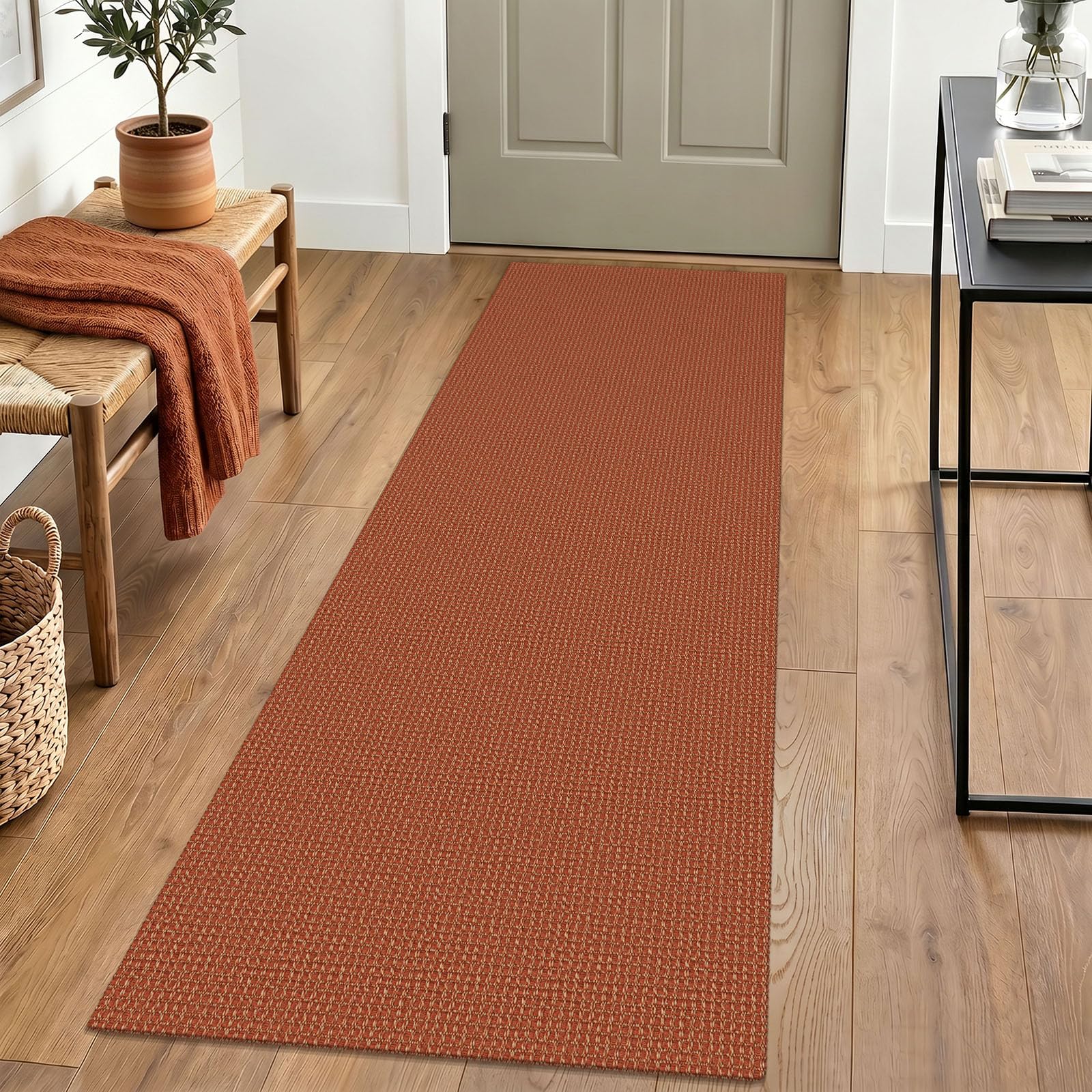 IOHOUZE Washable Runner Rug 2x6 Non Slip Runners for Hallways Entryway Runner Indoor, Kitchen Rugs Woven Cotton Floor Carpet for Kitchen Hall Entrance Bedroom, Burnt Orange/Tan