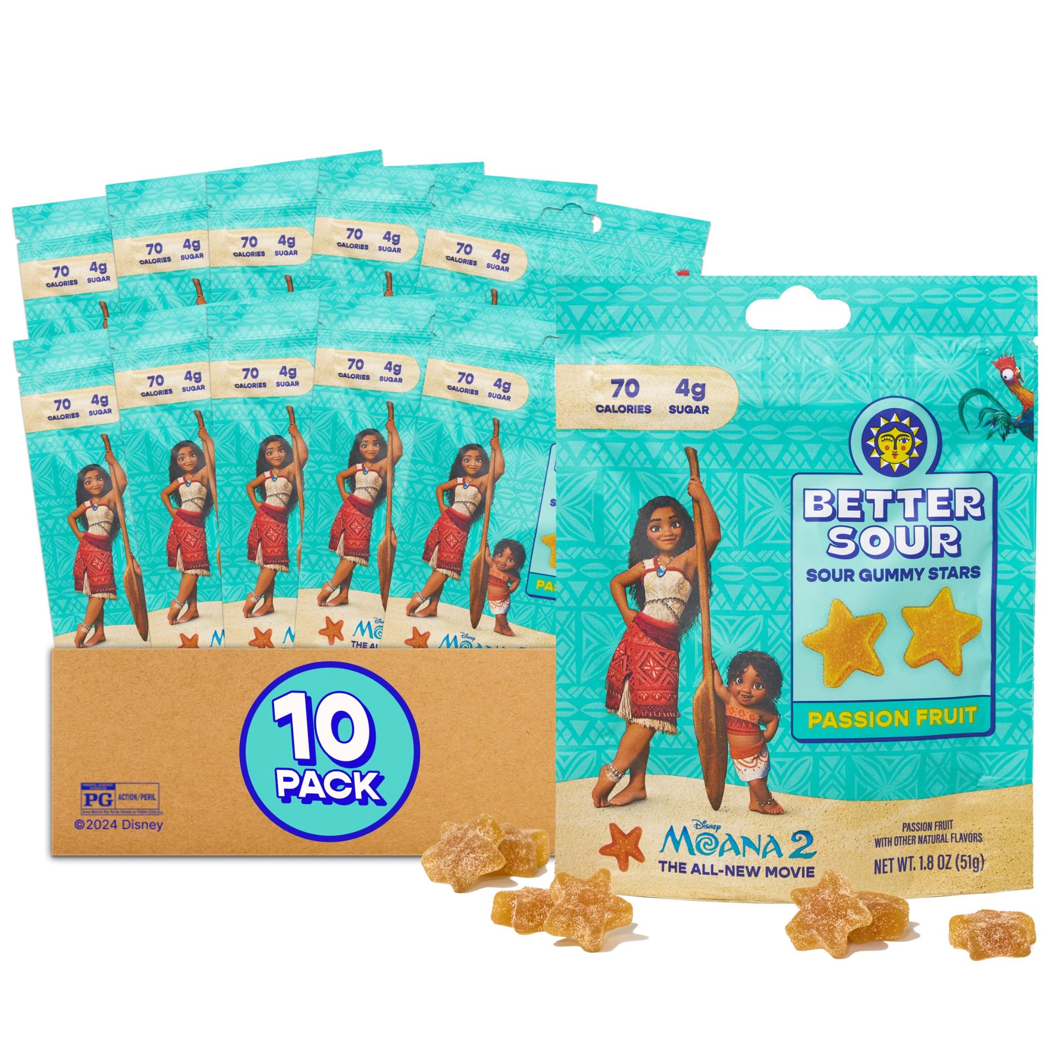 Better Sour Disney’s Moana 2 Passion Fruit Gummy Stars Candy Naturally Flavored Plant-Based Low 4g/70 cal per 1.8oz Sugar Healthy Sour Gummy CandyBag Healthy Treats for Teens & Adults 10 Pouch Set