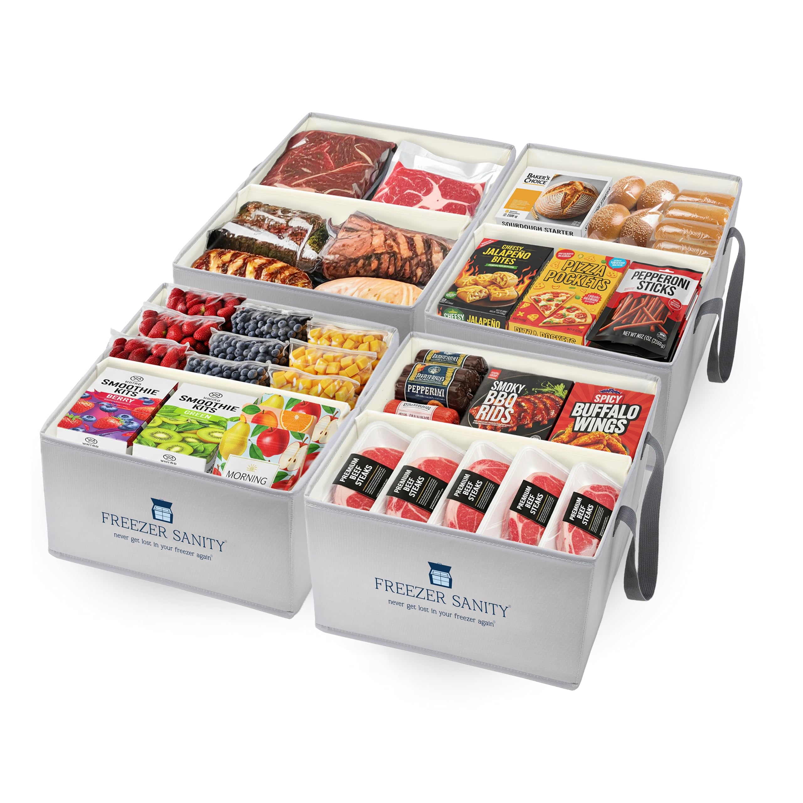 FREEZER SANITY The Original Chest Freezer Organizer Bins, Stackable Storage Organizers, Deep Freezer Dividers, Handles, Heavy-Duty, Water-Proof (4 Pack Regular 15x14x9) — image 1