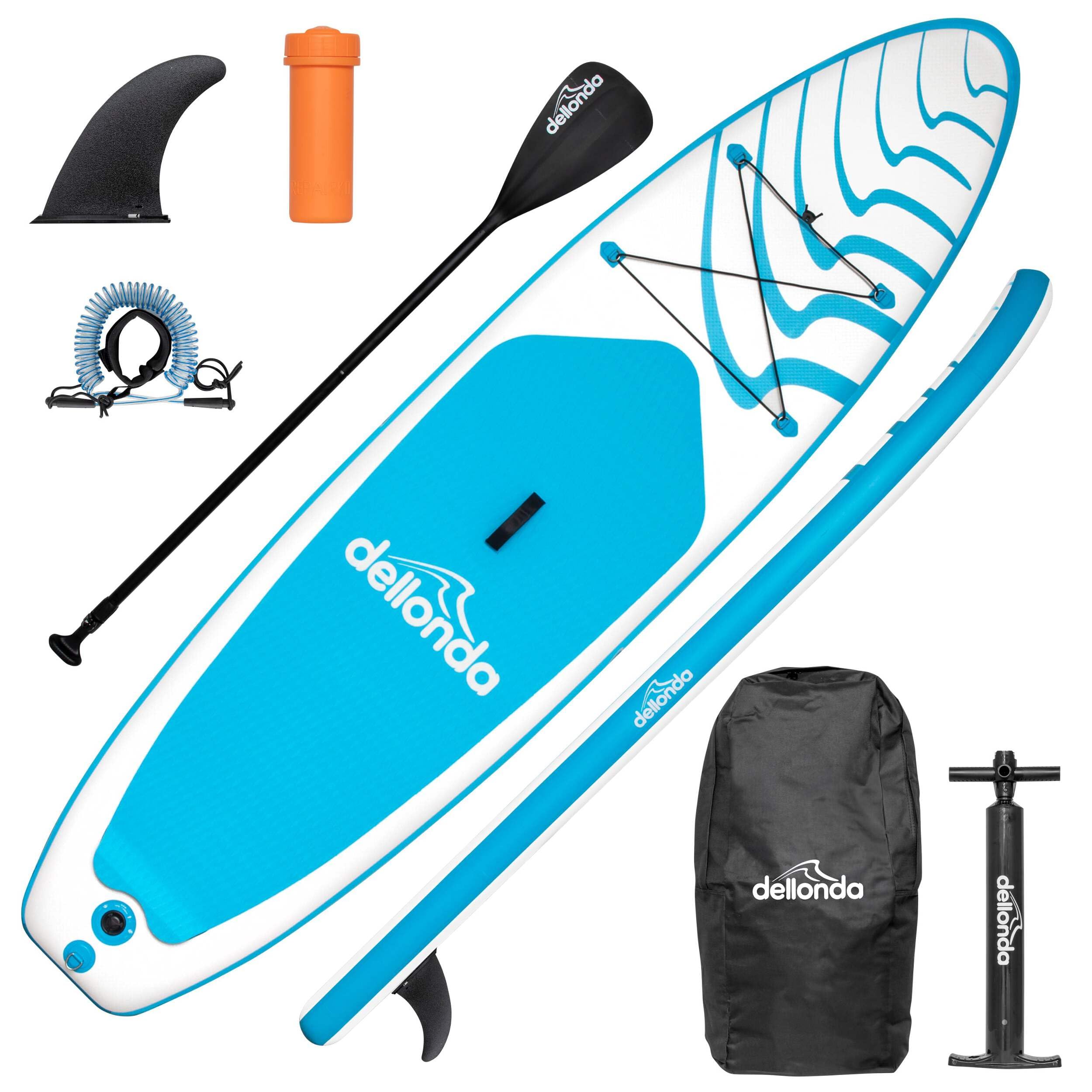 Dellonda, SUP, Inflatable Stand-Up Paddle Board, Light Blue/White, 10'6", Fin, Leash, Pump, Carry Bag, Puncture Repair Kit, DL152
