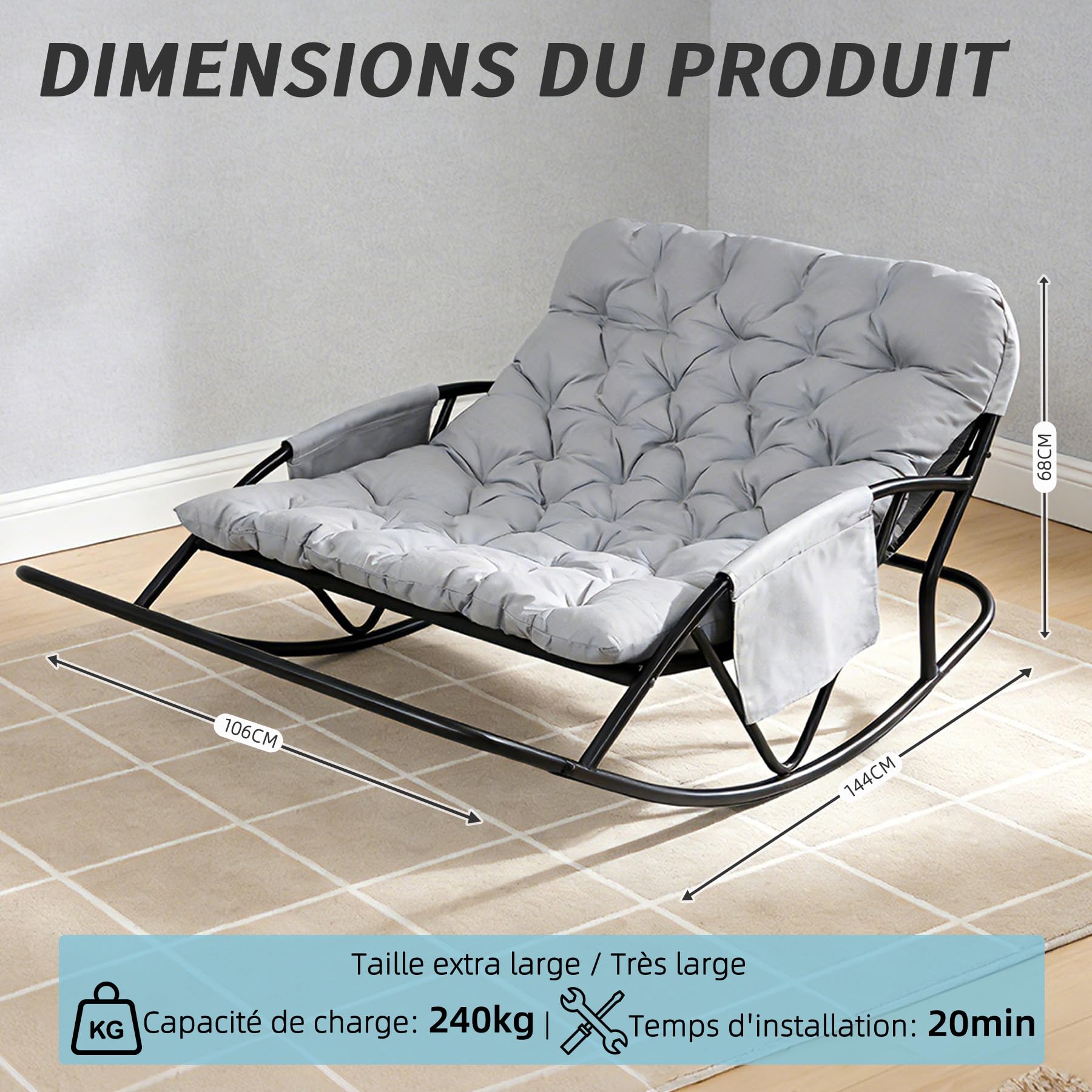 Fauteuil à Bascule Extérieur avec Coussin pour Deux, Support de Pied, Rocking Chair Papasan pour Chambre, Salon, Terrasse, Jardin, Balcon, capacité de Charge 240 kg,Tissu technologique,Gris