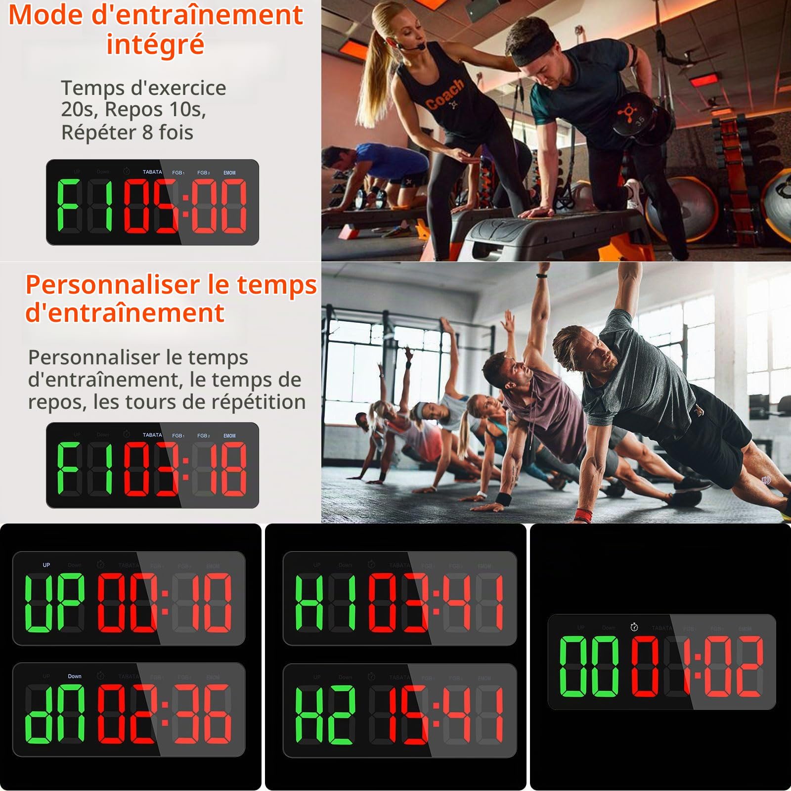 Timer Sport Grand Minuteur Fitness D'intervalle LED Chronomètre Compte à Rebours Count Up
