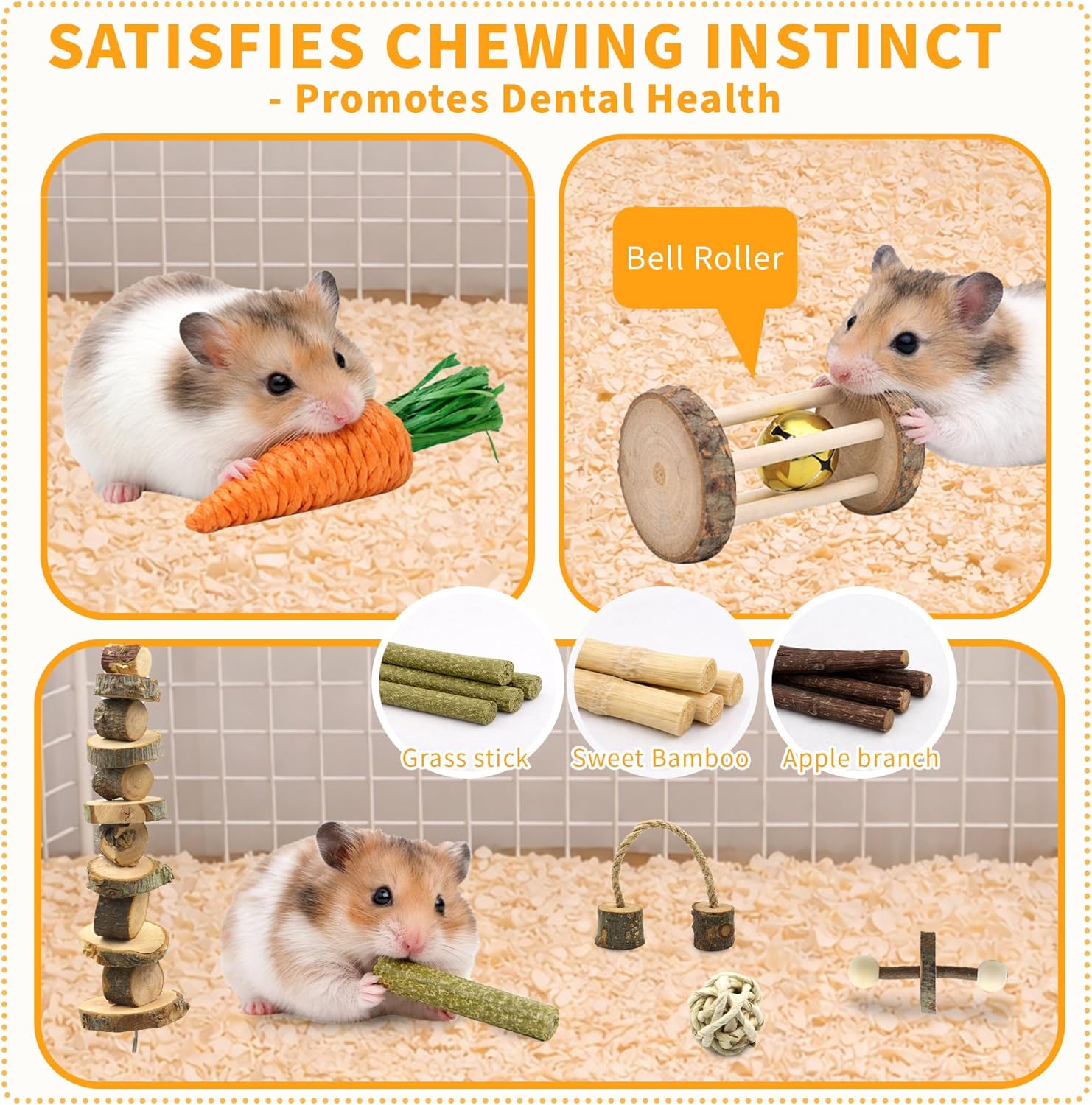 20 Pieces Hamster Cage Accessories, 9.45 Inch Silent Hamster Wheel, Chew Toys Set, Wood House and Water Bottle with Stand for Chinchillas Rabbits Guinea Pig Rat Small Animals (Yellow)