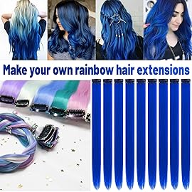 TOFAFA 22 inch Colored Hair Extensions, Colorful Party Highlights Hairpiece Clip in Long Straight Synthetic Hair Extensions for Christmas Girls Women Kids Cosplay Favor Gift(10 PCS Blue)