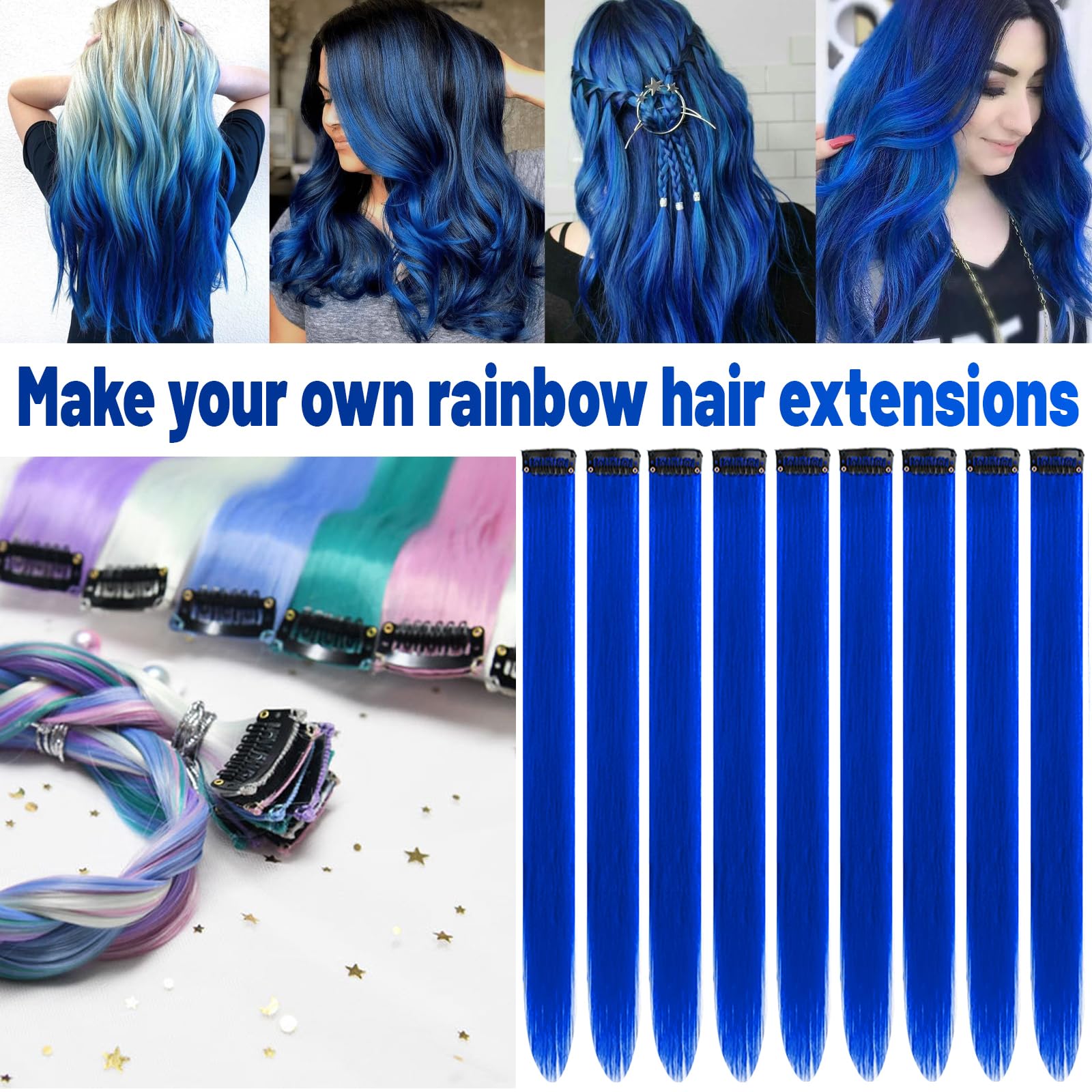 Extensiones de cabello de colores de 22 pulgadas, extensiones de cabello sintético largo y lacio con clip para Halloween, niñas, mujeres, niños, regalo de cosplay (10 unidades, azul) 2
