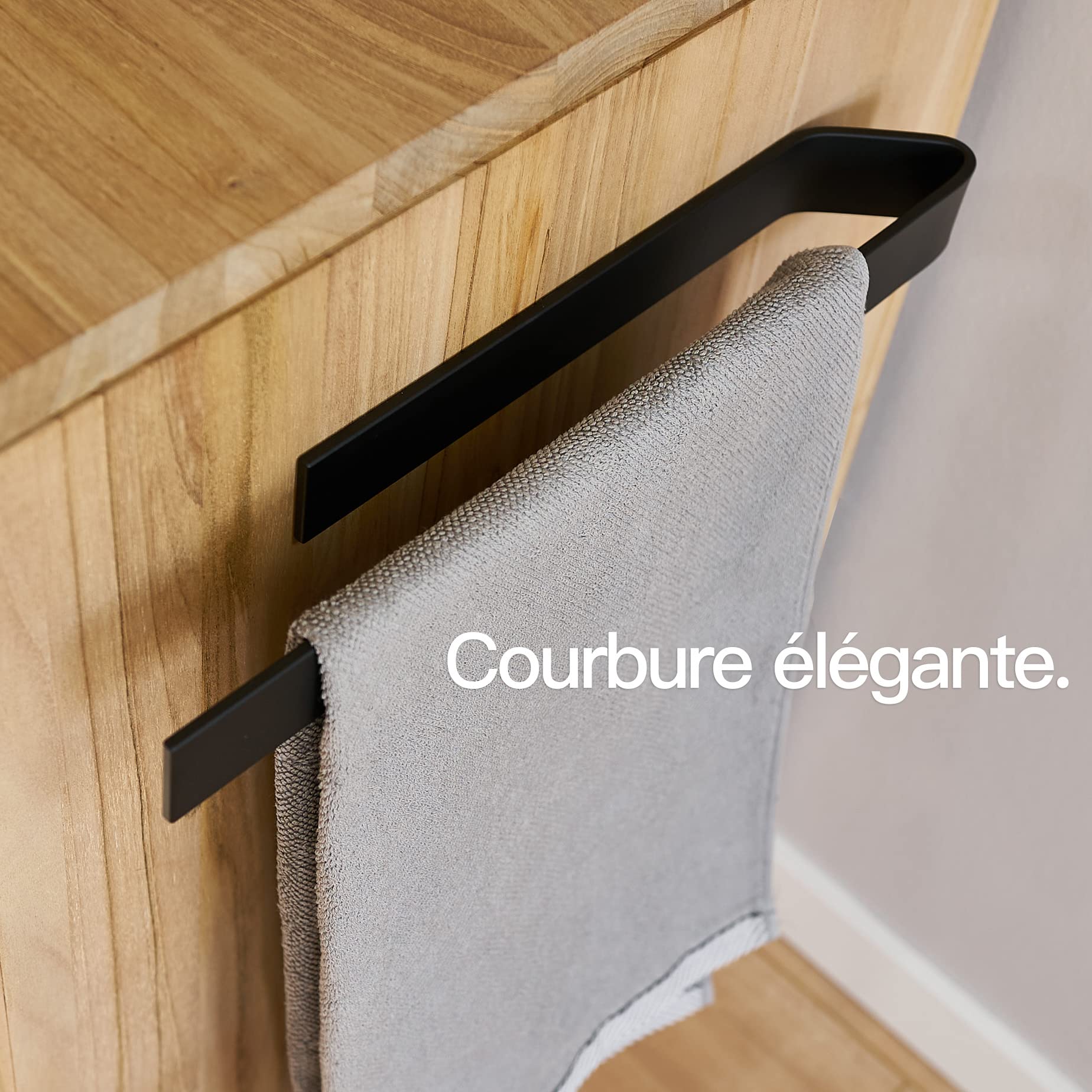 Design Hambourg Porte Serviette Salle de Bain sans Perçage | Porte-Serviette Auto-Adhésif | Porte Serviettes Murale À Coller | 40cm | Design Moderne Noir Mat
