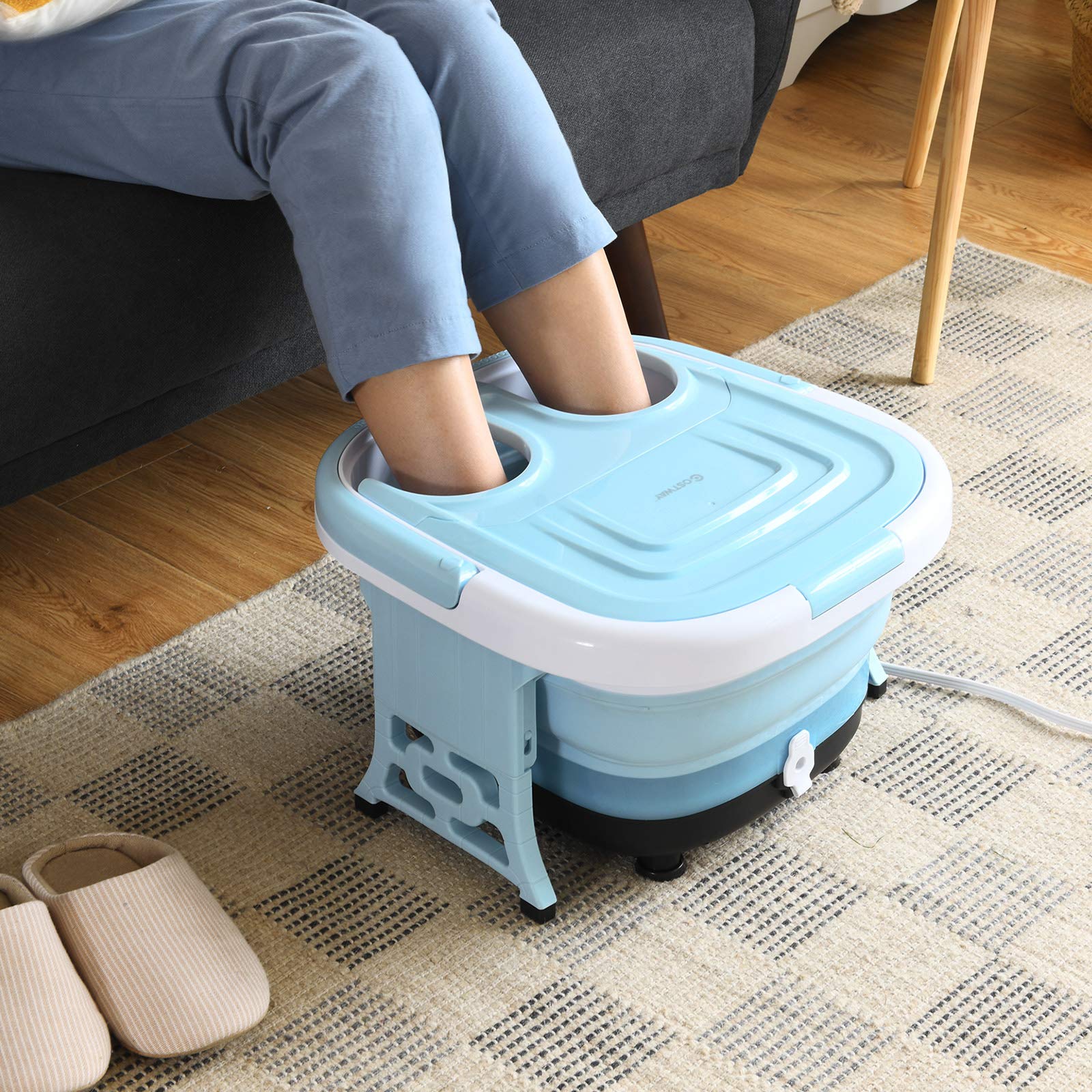 RELAX4LIFE Pediluvio Massaggiatore Piedi con Luce Infrarossa, Scalda Acqua Fino a 48°C, Massaggiatore Piedi Pieghevole con Telecomando Portatile, Funzione Calore e Rullo (azzurro)