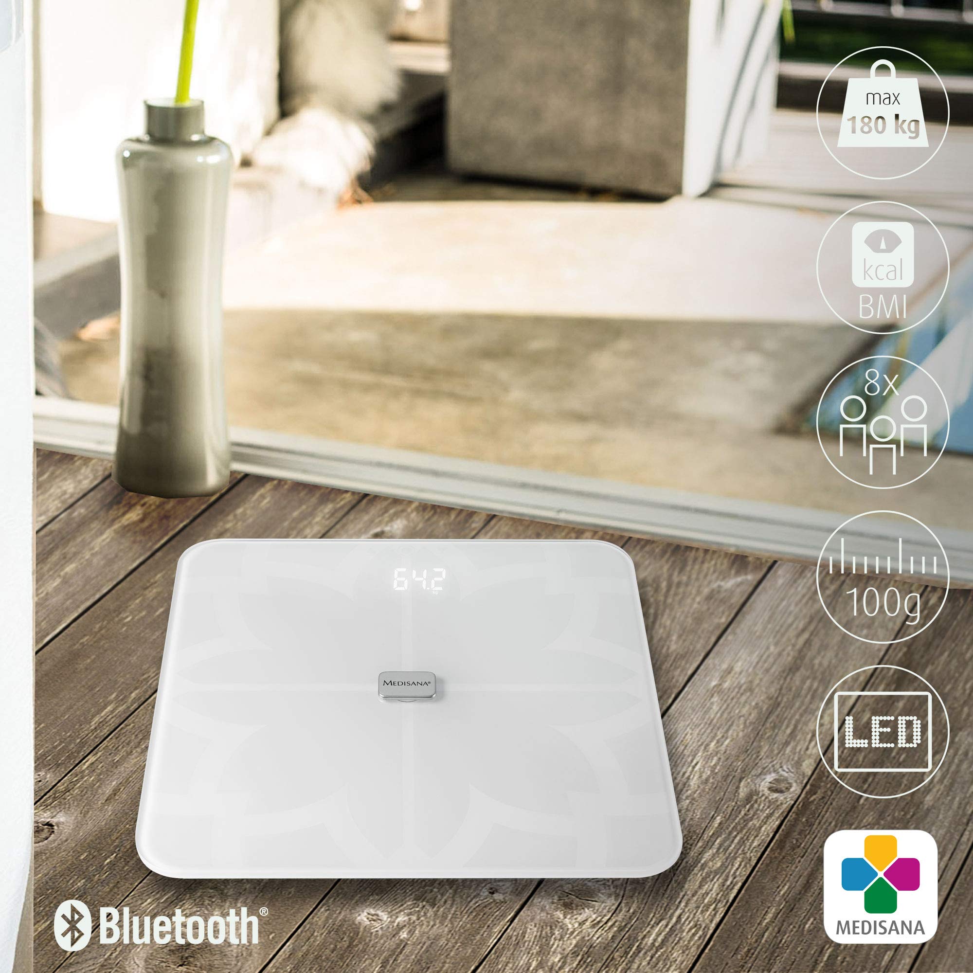 Medisana BS 450 connect, digitale Körperanalysewaage 180 kg, weiße Personenwaage zur Messung von Körperfett, Körperwasser, Muskelmasse und Knochengewicht, Körperfettwaage mit Körperanalyse App