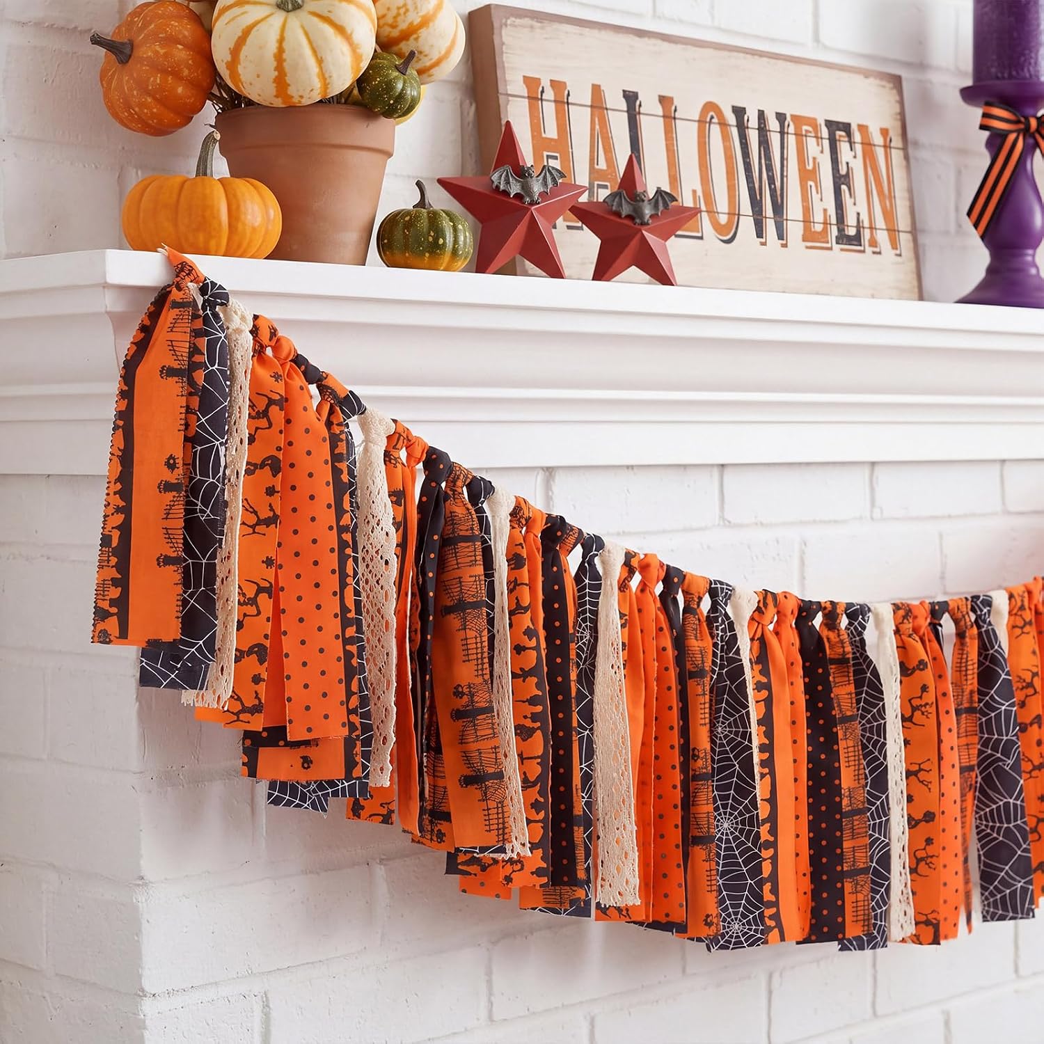 Chumia 4 ft Halloween Fabric Tassel Garland Banner Spider Web Black Orange