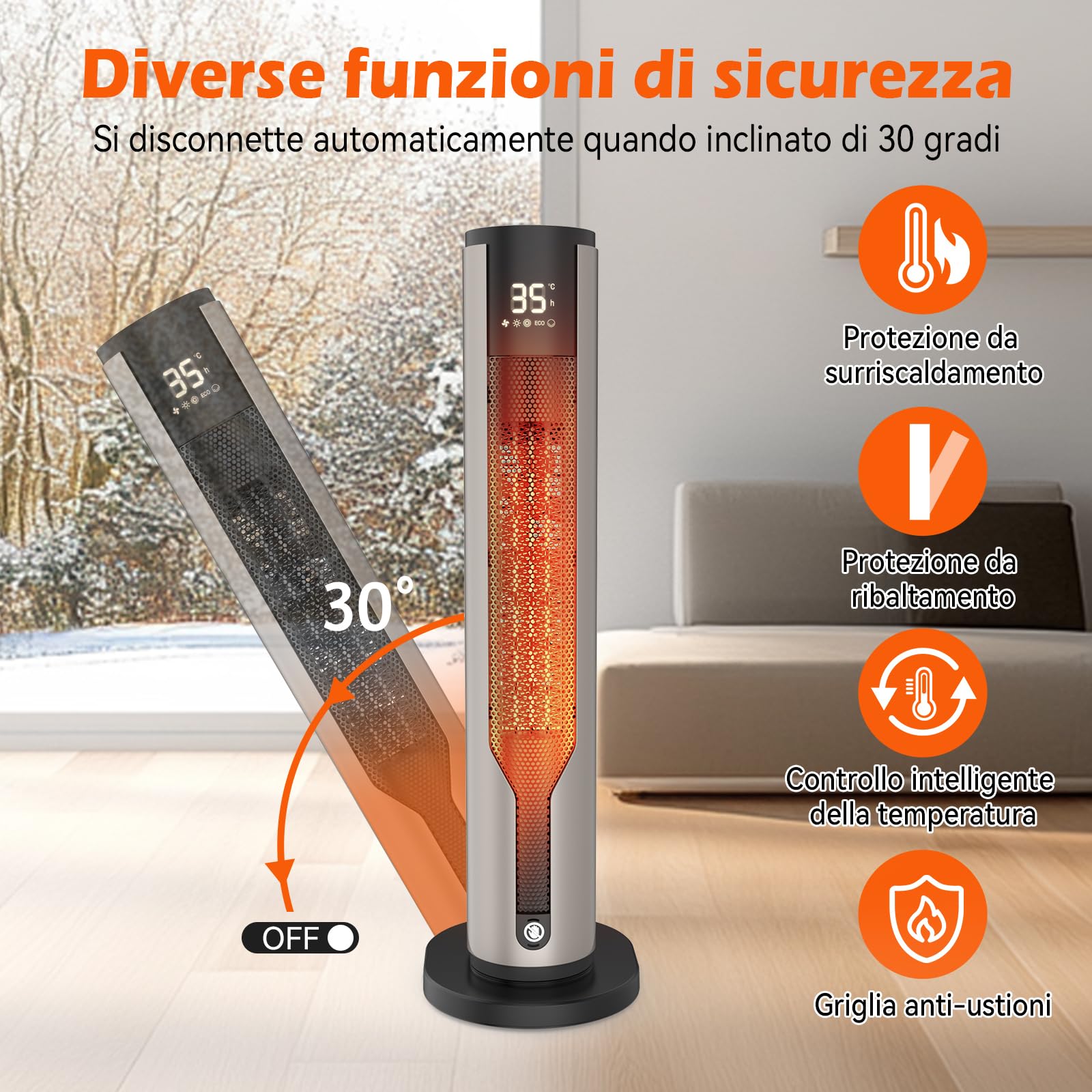 Stufetta Elettrica Basso Consumo 2000W PTC con Telecomando, Termoventilatore, Oscillazione, Timer, Protezione Surriscaldamento e Ribaltamento, Temperatura Regolabile per Bagno, Camera e Interni