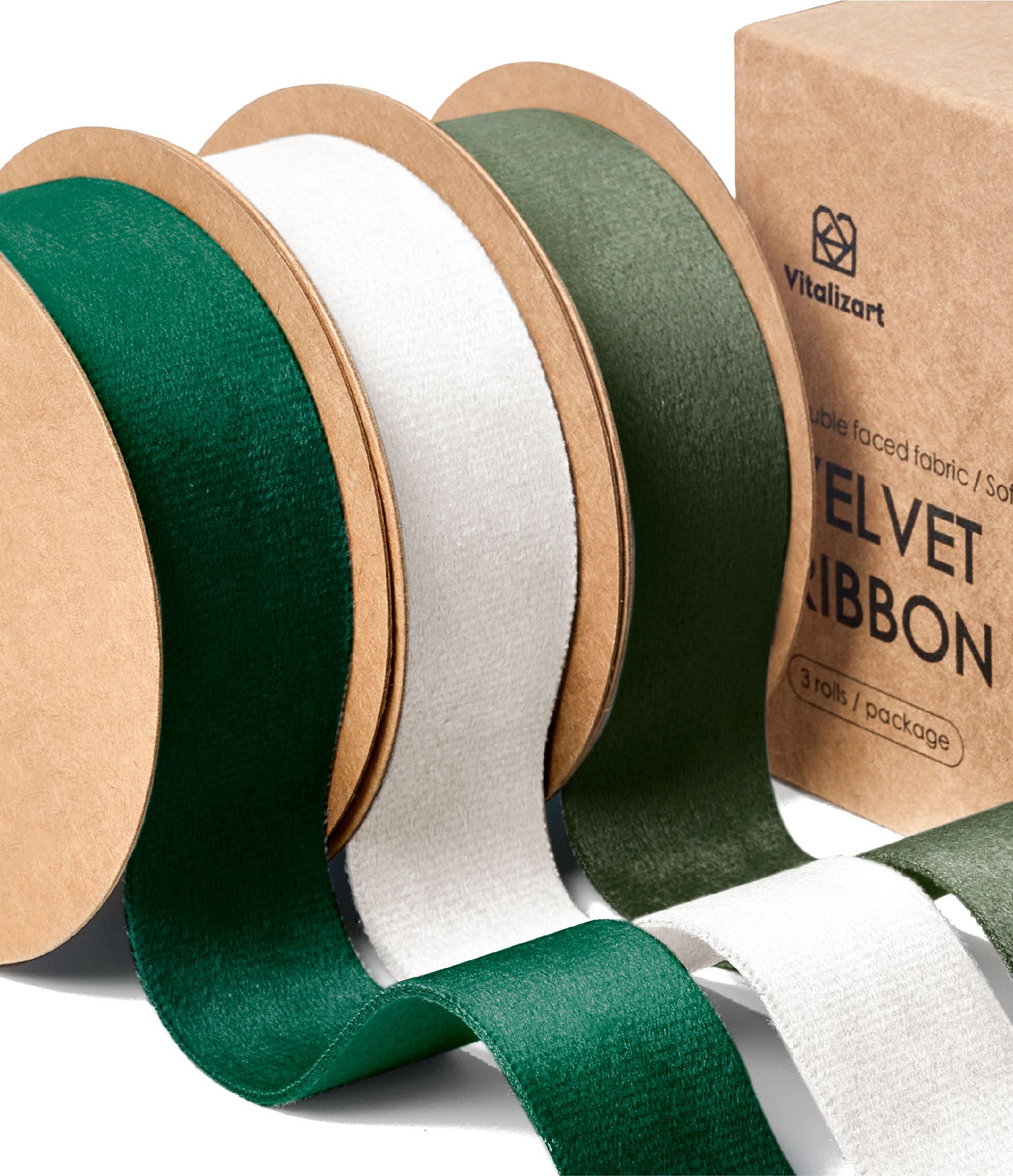 Vitalizart Green & White Velvet Ribbon Set 1 Inch x 15 Yards, Double Faced Velvet Ribbon for Gift Wrapping, Christmas Ornaments, Wreath Decoration, Bows Making, Handmade Crafts