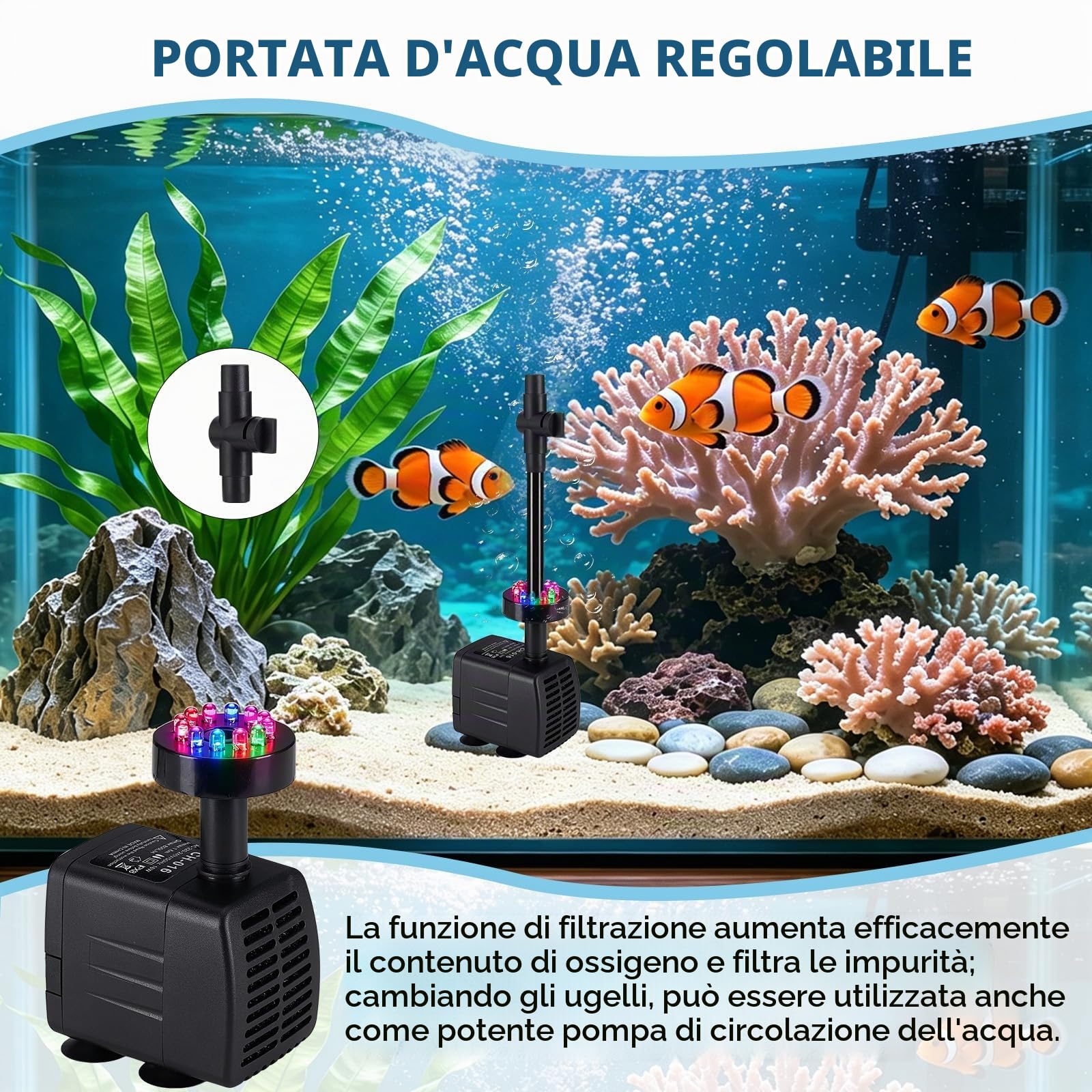 Pompa per Laghetto da Giardino 800L/H 16W, pompa per fontana, piccola con luce, Filtro, 3 Tipi di Ugelli, 1.9m Cavo,pompa per giochi d'acqua, per Laghetto, Giardino