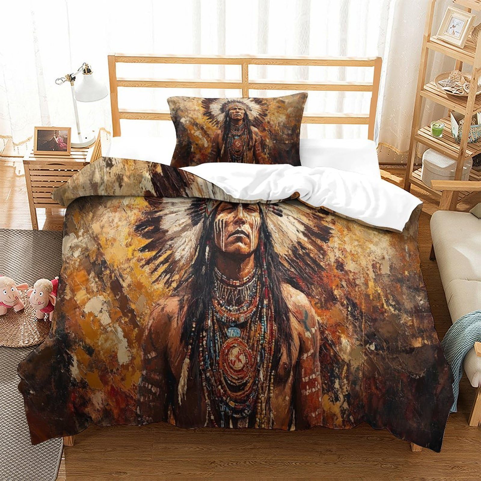 Lililaobiao Boys Native American-12 Native American Bedding Set Single（135X200cm）,Mohicans Duvet Cover Set With Pillowcases, Soft Microfiber 3D Mohicans Printing Quilt Cover Set