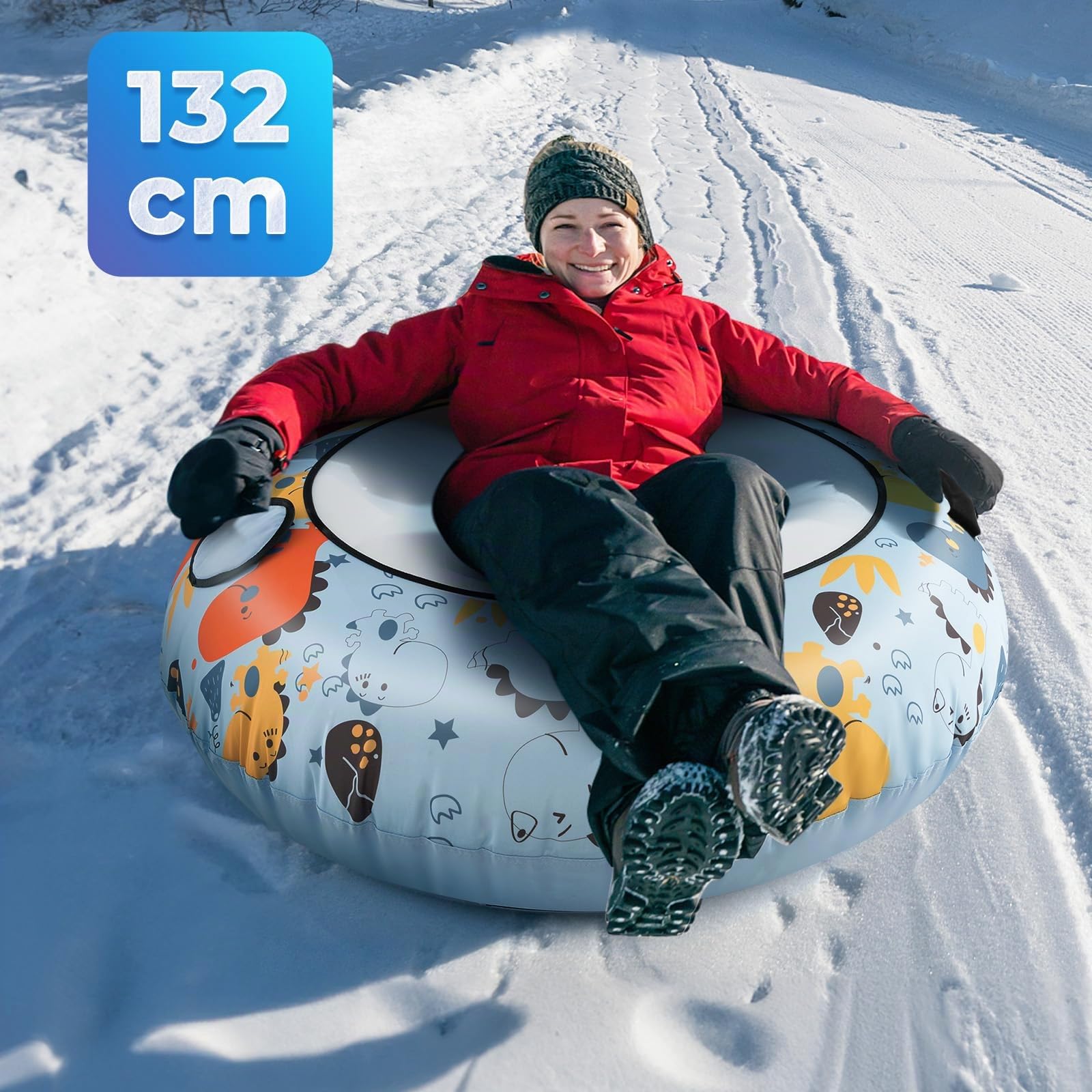 GYMAX Ø113cm Aufblasbarer Schneereifen, Snow Tube bis zu 100 kg belastbar, Schlitten Rodelschlitten mit Griffe, Reifenpumpe & Schleppleine, Donut Rutschreifen für Erwachsene & Kinder
