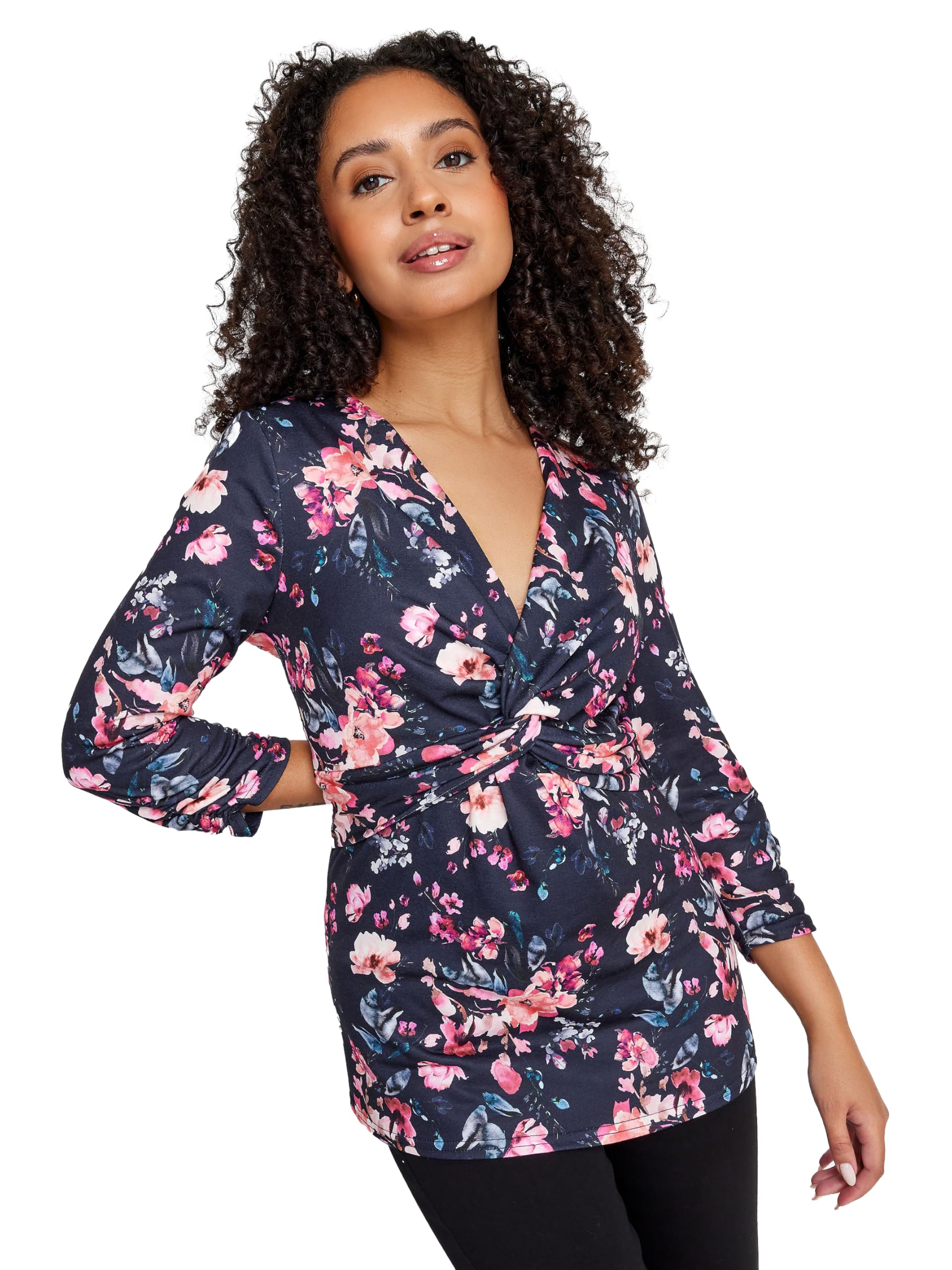 M&Co Women's Blue Petite Floral Twist Front Top In | Size: 14