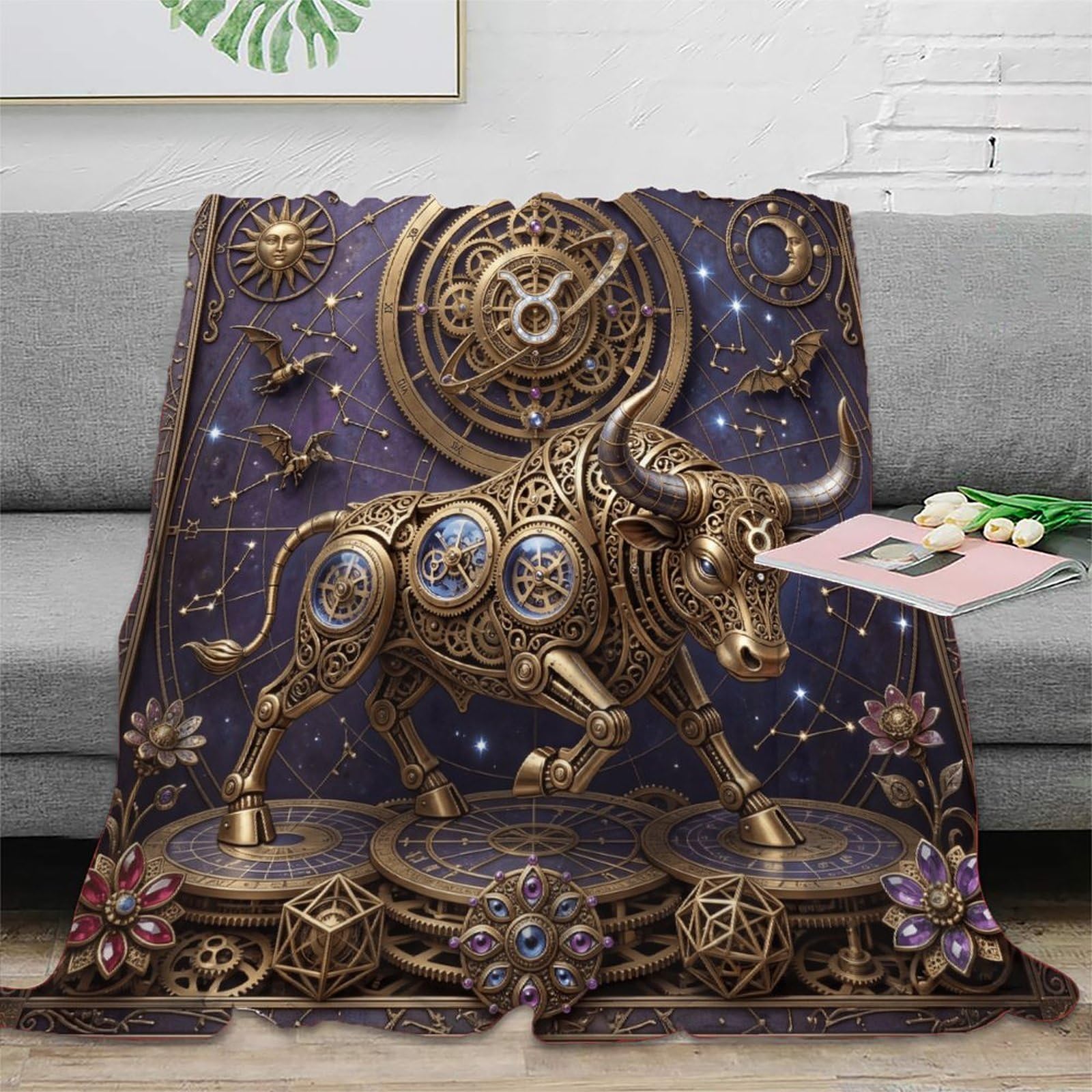 H3B8U2Y5 Taurus Zodiac Mechanical Bull Flannel Throw Blanket, Couch TV Time