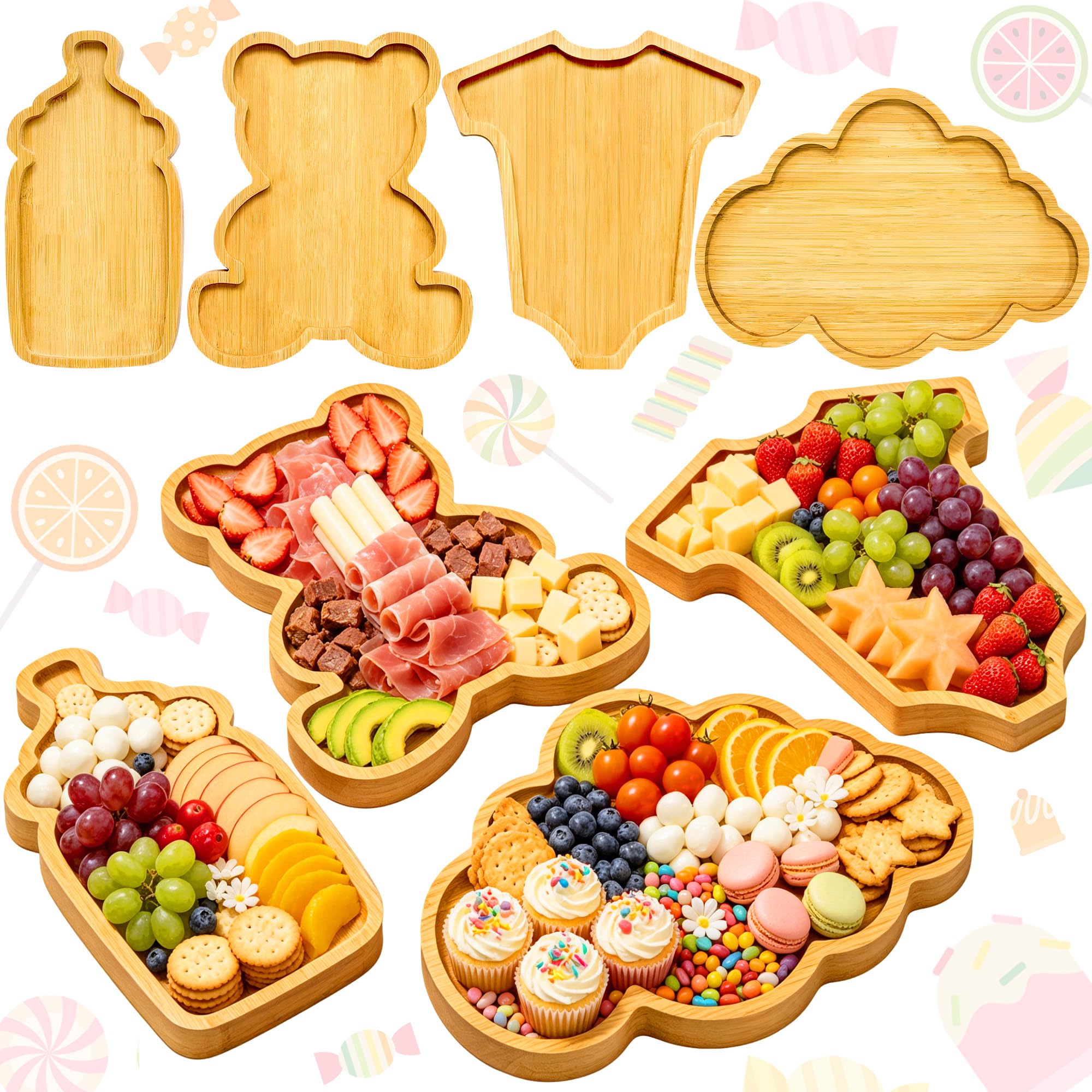 4 vassoi per salumi, vassoi per alimenti per baby shower, grandi vassoi in legno, scatole riempibili per cibo, snack, frutta, salumi, compleanni, genere, decorazioni per feste