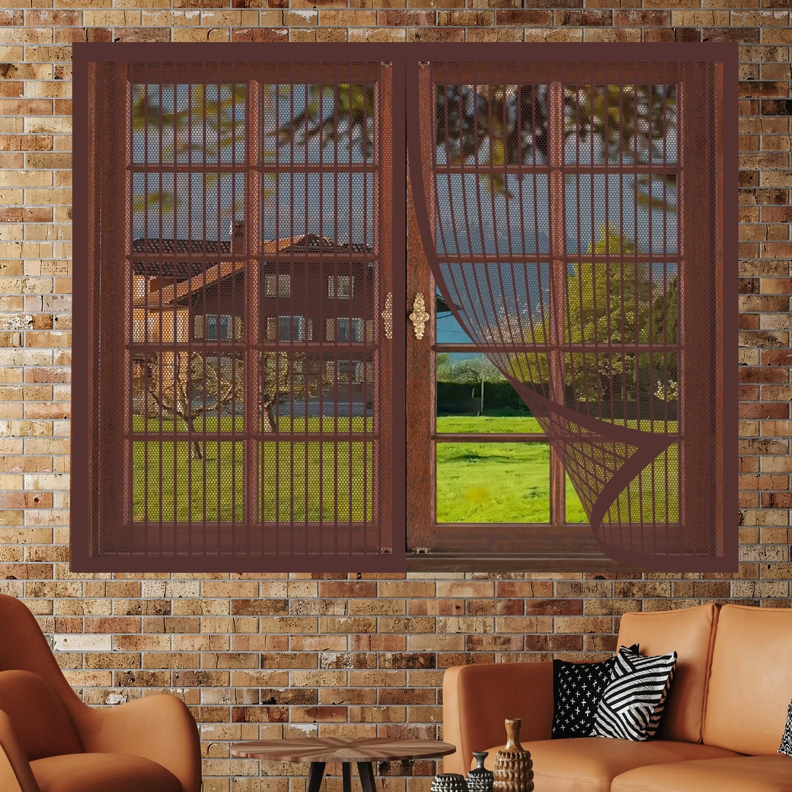 Magnetic Window Screen 146 x 200 cm No Drilling Required Fly Net for Windows Magnetic Closure Fitted to Multiple Windows, Brown