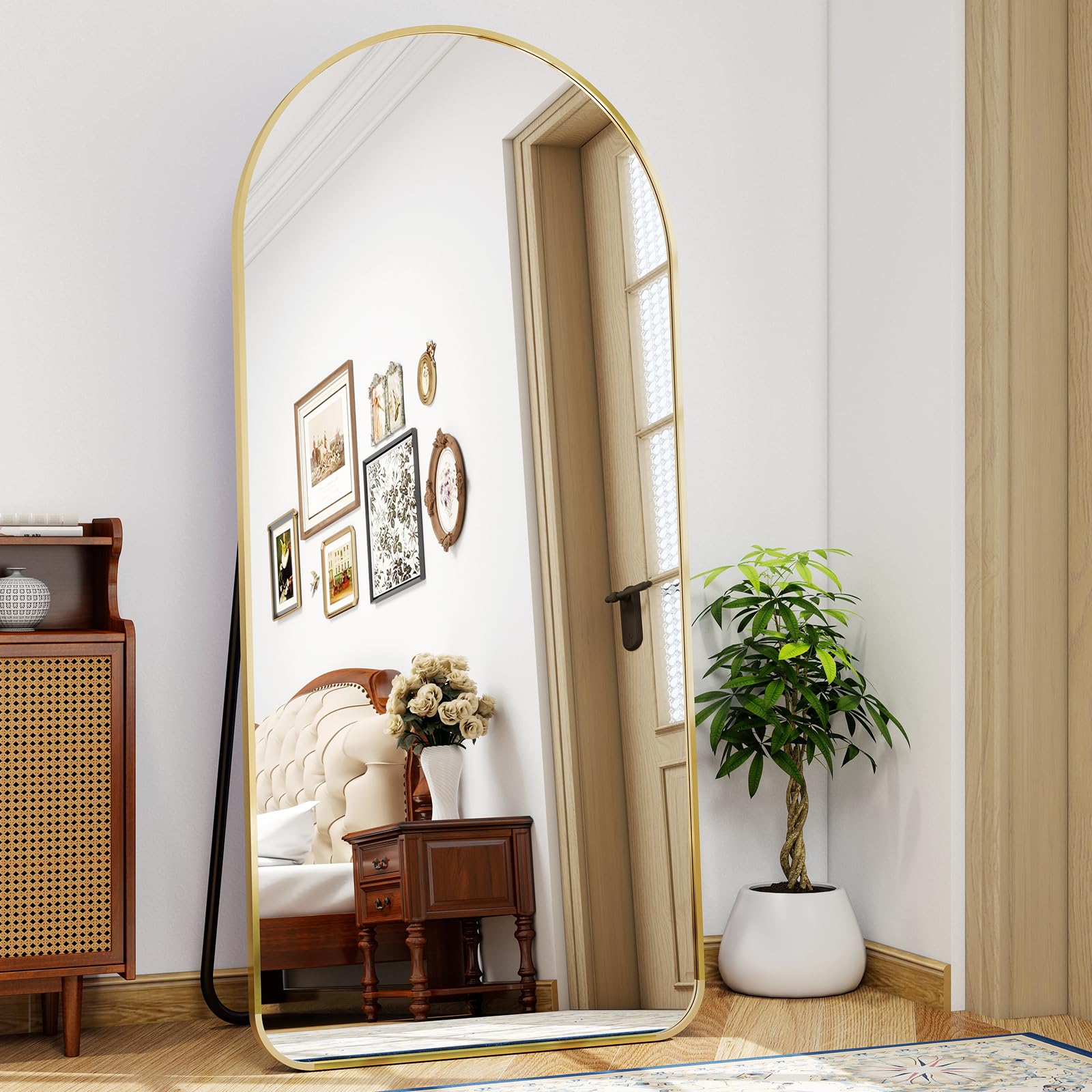 BEAUTYPEAK Specchio per tutto il corpo curvo superiore 171 x 76 cm con angoli arrotondati, specchio per tutto il corpo grande autoportante-appendibile-appoggiabile, specchio da terra, oro