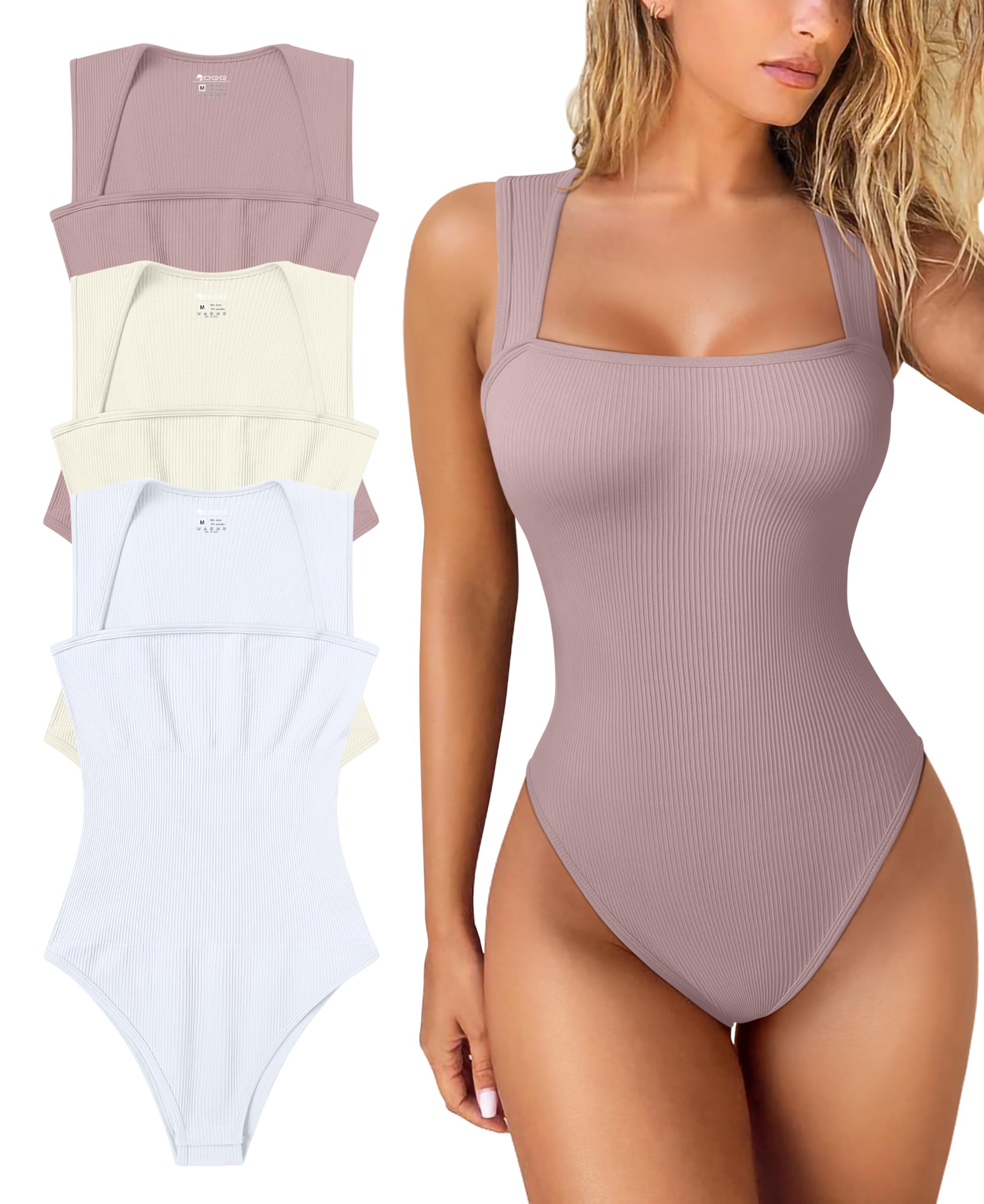 OQQ Women's 3 Piece Bodysuits Sexy Ribbed Strappy Square Neck Sleeveless Tummy Control Tank Tops Bodysuits