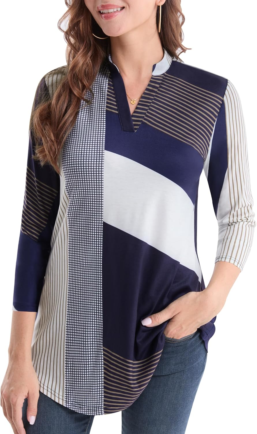 BAISHENGGT 3/4 Sleeve Tops for Women Notch V Neck Floral Work Blouses Dressy Casual Loose Fit Going Out Tunic Tops