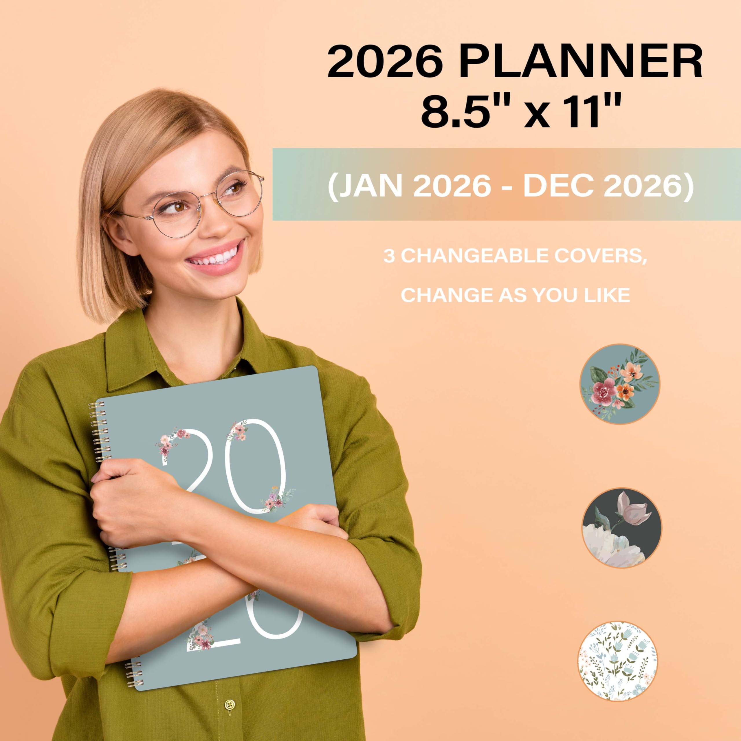 Planer 2026 – styczeń 2026 – grudzień 2026, planer tygodniowy i miesięczny, kalendarz 2026 z 3 wymiennymi i wodoodpornymi osłonami, 12 zakładek miesięcznych