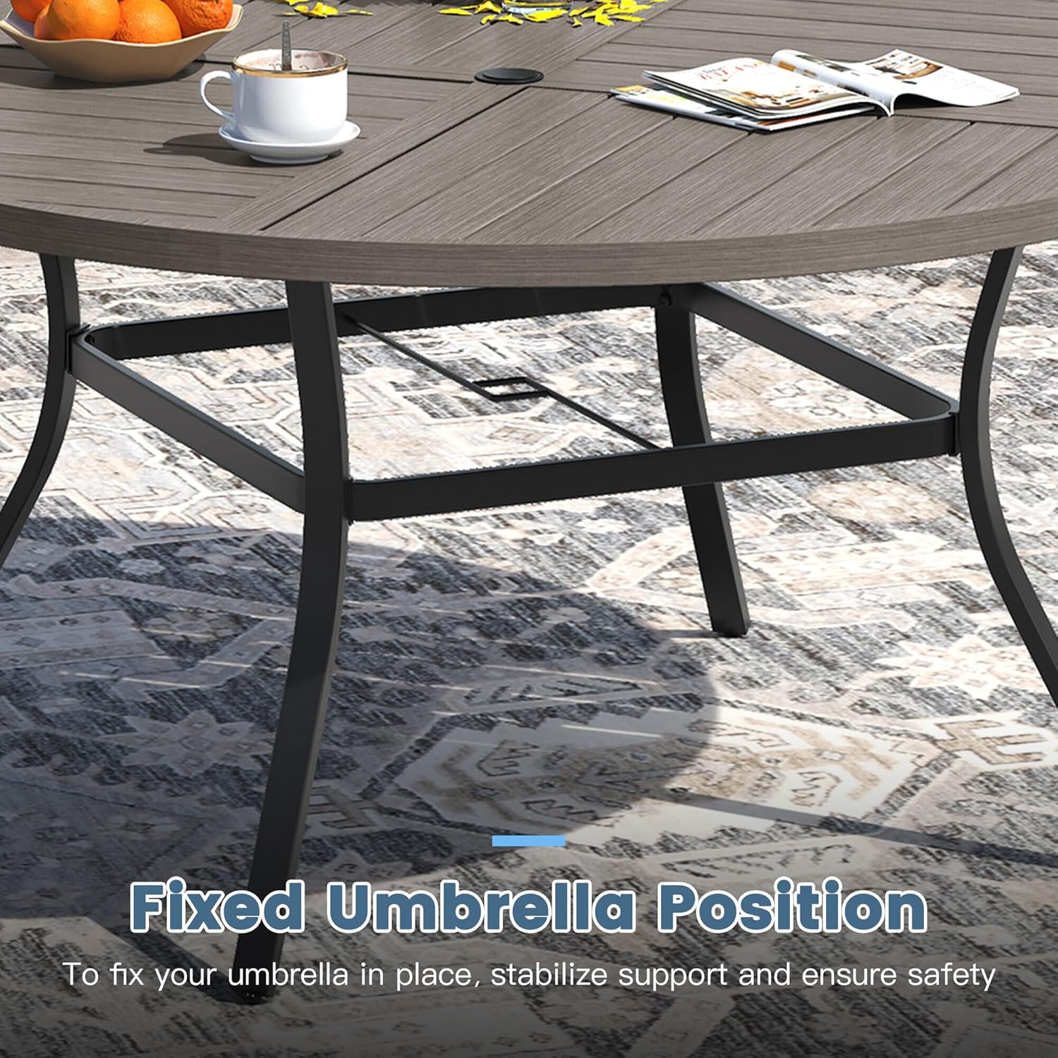 DIFY 11 Pieces Outdoor Patio Dining Set for 10, 63" Grey Wood-Like Round Metal Patio Table and 10 Sandshell Stackable Textilene Patio Chairs, Outdoor Table and Chairs for Backyard Garden Poolside