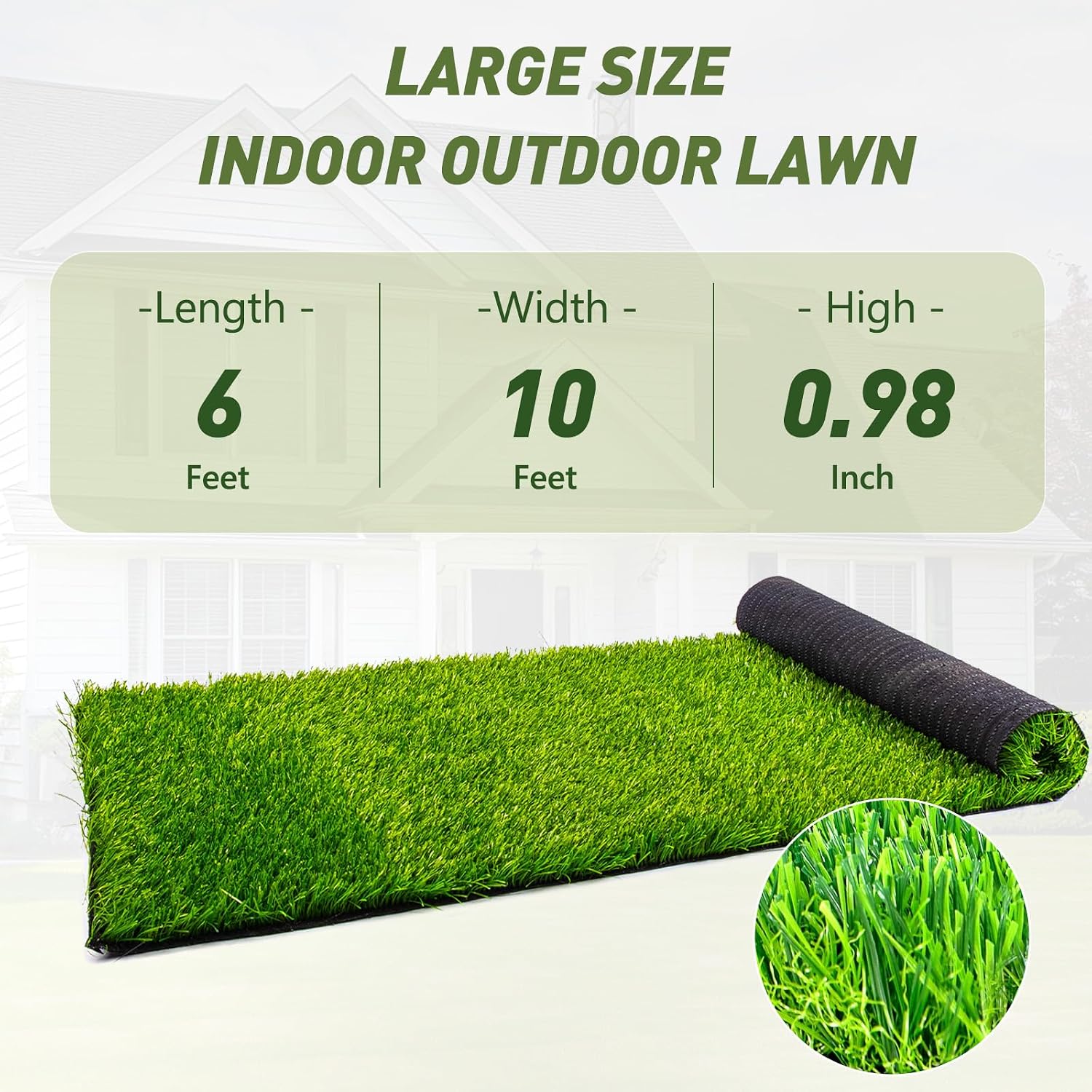 Belle House Upgraded Large Artificial Grass Turf | Indoor/Outdoor UV Protected & Fire Retardent Synthetic Lawn | Pet & Kid Friendly, Easy to Cut, Moisture-Proof Drainage Mat (6x10 Feet)