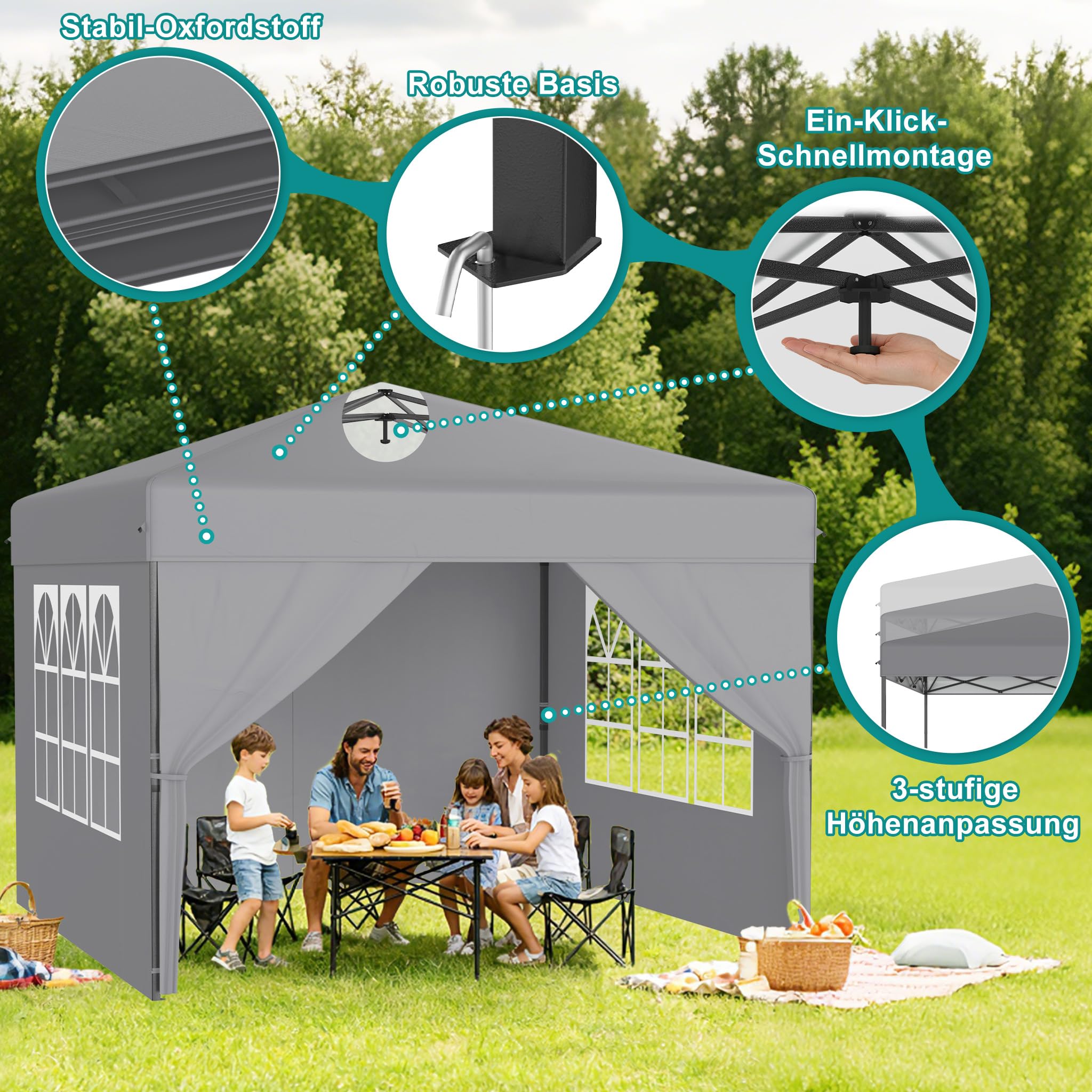 YRHome 2.5x2.5m Pop Up Faltpavillon Wasserdicht Pavillon Faltbar Stabil Winterfest mit Seitenwänden Gartenpavillon Höhenverstellbar Gartenzelt UV Schutz Partyzelt Festzelt inkl.Tragtasche - Grau