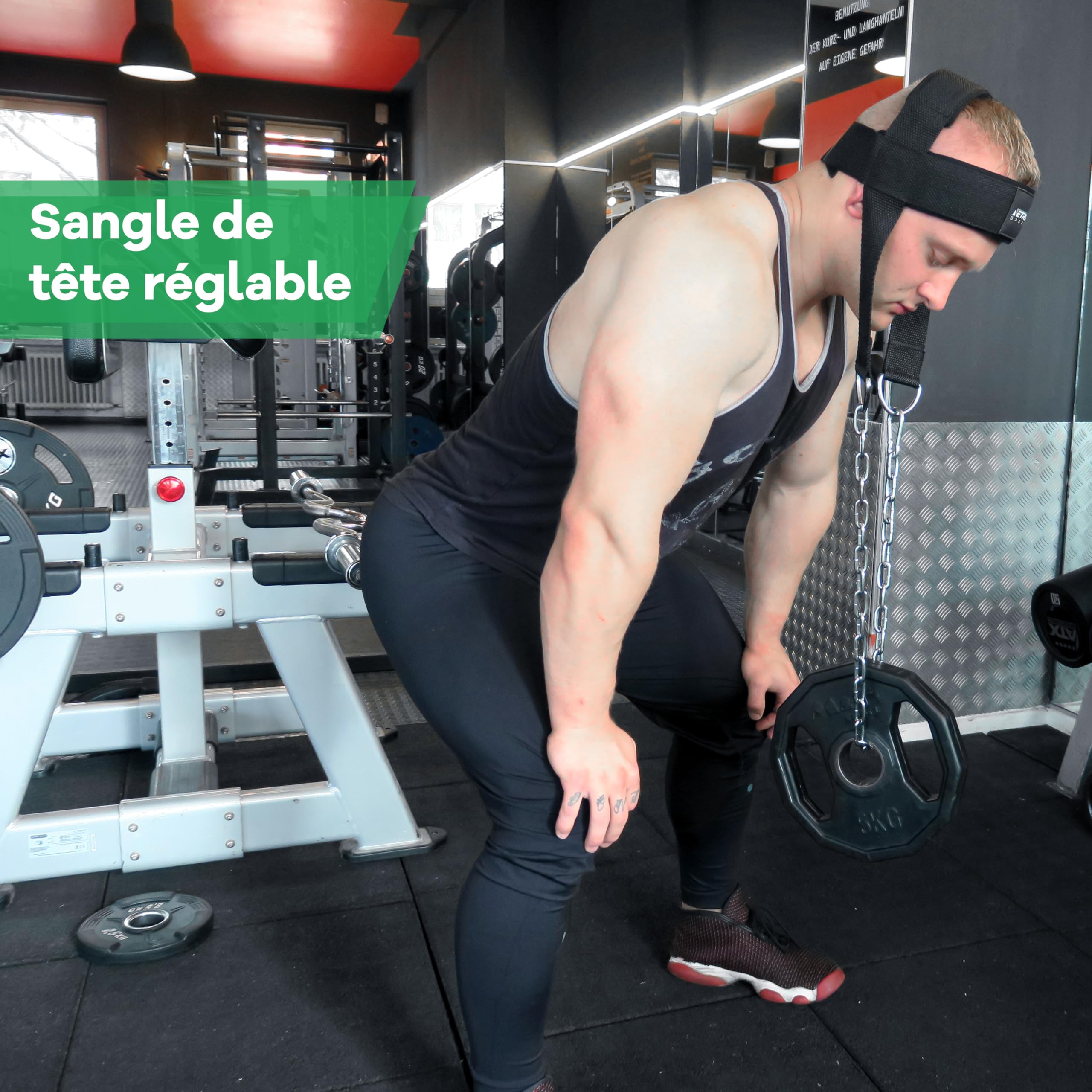 NetroxSports - Harnais de tête de Cou pour la Formation de résistance Anneaux en D Extra-Lourds et chaîne en Acier, néoprène Comfort Fit, Coutures supérieures en Selle et Sangle Extensible Durable