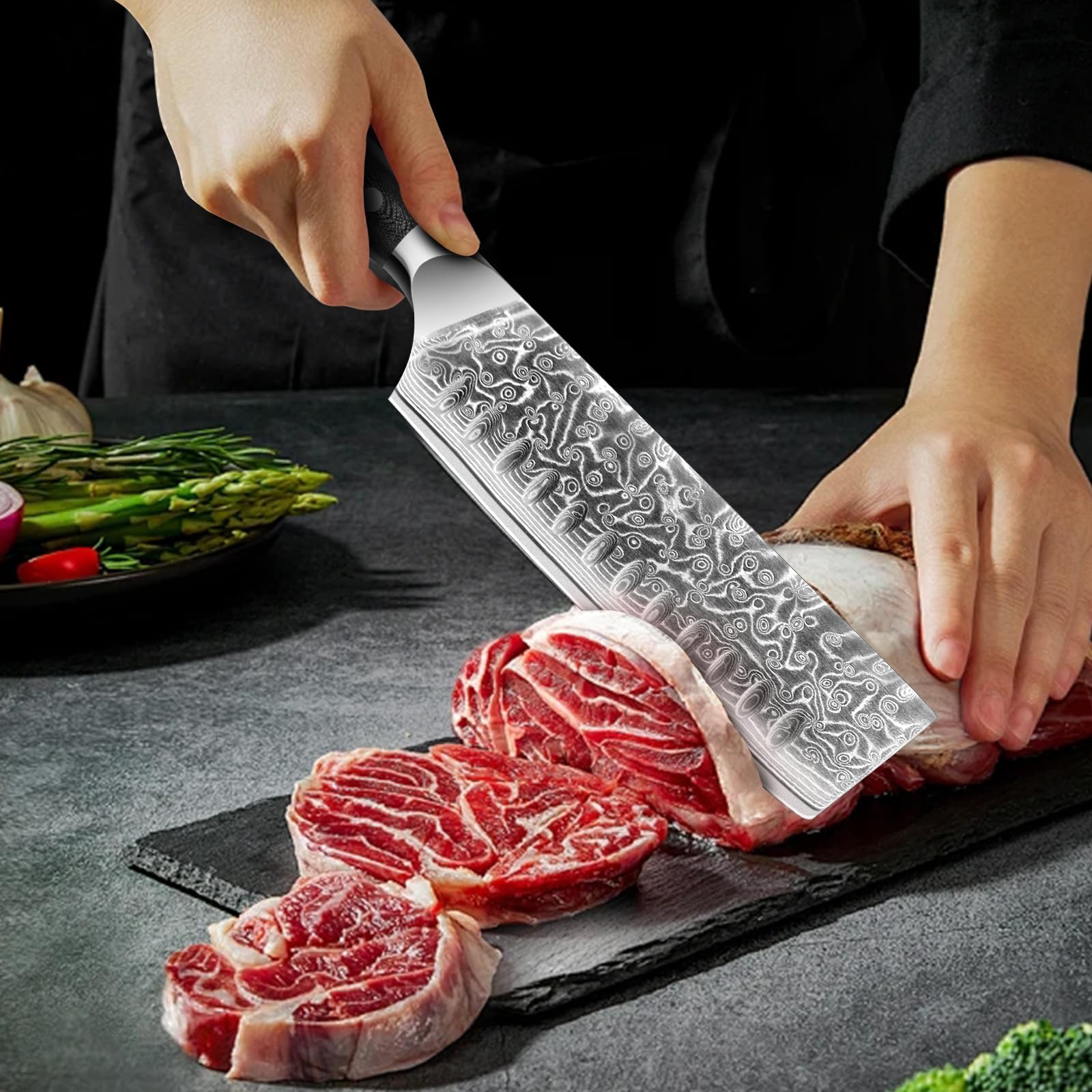 MOSFiATA Couteau Damassé Nakiri - 17,8 cm - Couteau de Chef - Acier Damassé - Tranchant comme un Rasoir - Protège-Doigts - Idéal pour la Cuisine