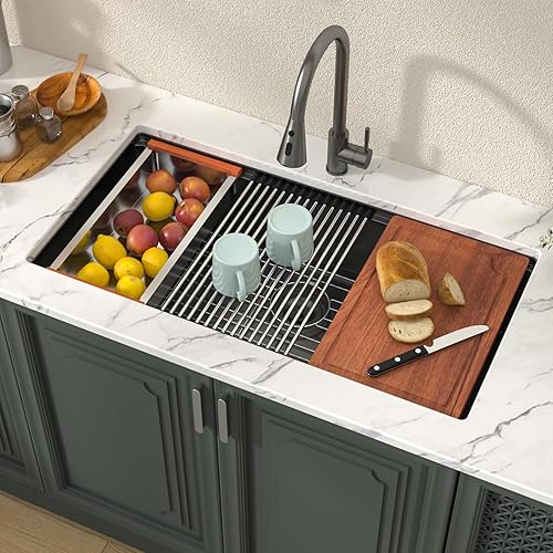 Miniatura 232 de Lordear Fregadero de cocina de montaje inferior de 23 pulgadas, estación de trabajo, fregadero de cocina de acero inoxidable calibre 16, cuenco