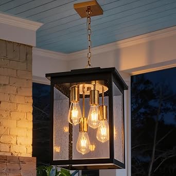 TODOLUZ 4-Lights Large Outdoor Pendant Light Fixture, Waterproof Porch Hanging Lighting with Adjustable Chain Seeded Glass Panel & E26 Bulb Base for Porch Patio Garden