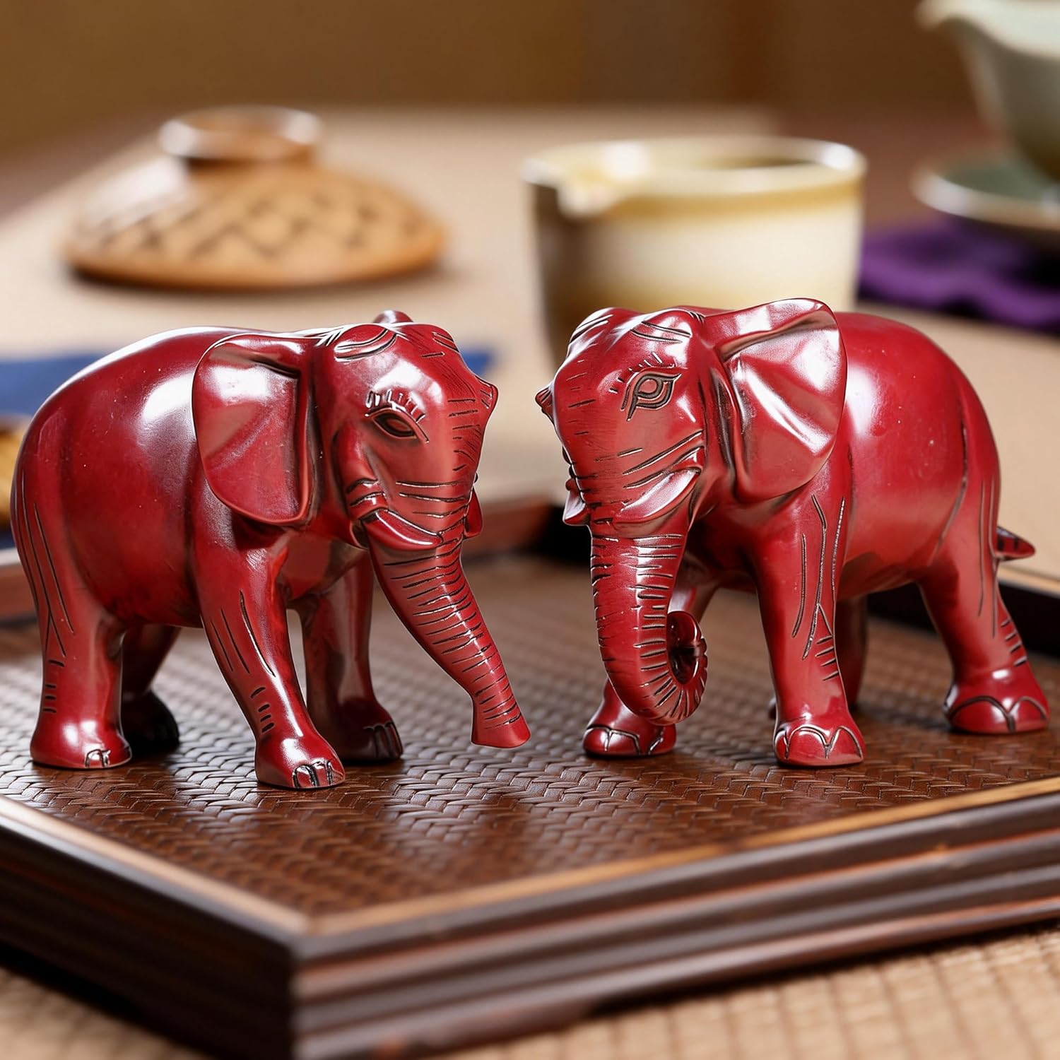Pack 2 Red Elephant Statues and Figurines with Trunk Up/Down-Wealth Feng Shui Elephant Statue Home Decor for Living Room-Ideal Gift for Mom Women Birthday