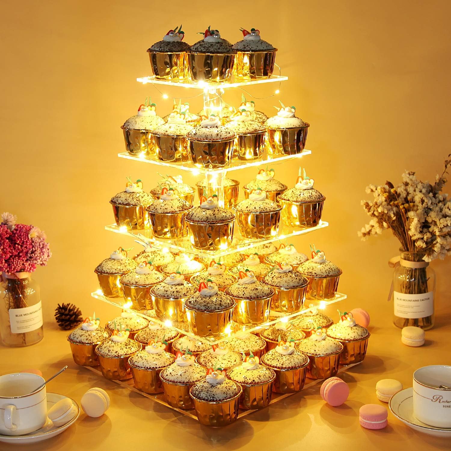 5 Etagen Cupcake Ständer, Gelb LED Lichterkette de Tortenständer Acryl für Hochzeit, Party, Geburtstag, Baby Duschen & Kuchen Dessert, Torten Etagere 5-stöckig, Quadrat Cupcake Stand