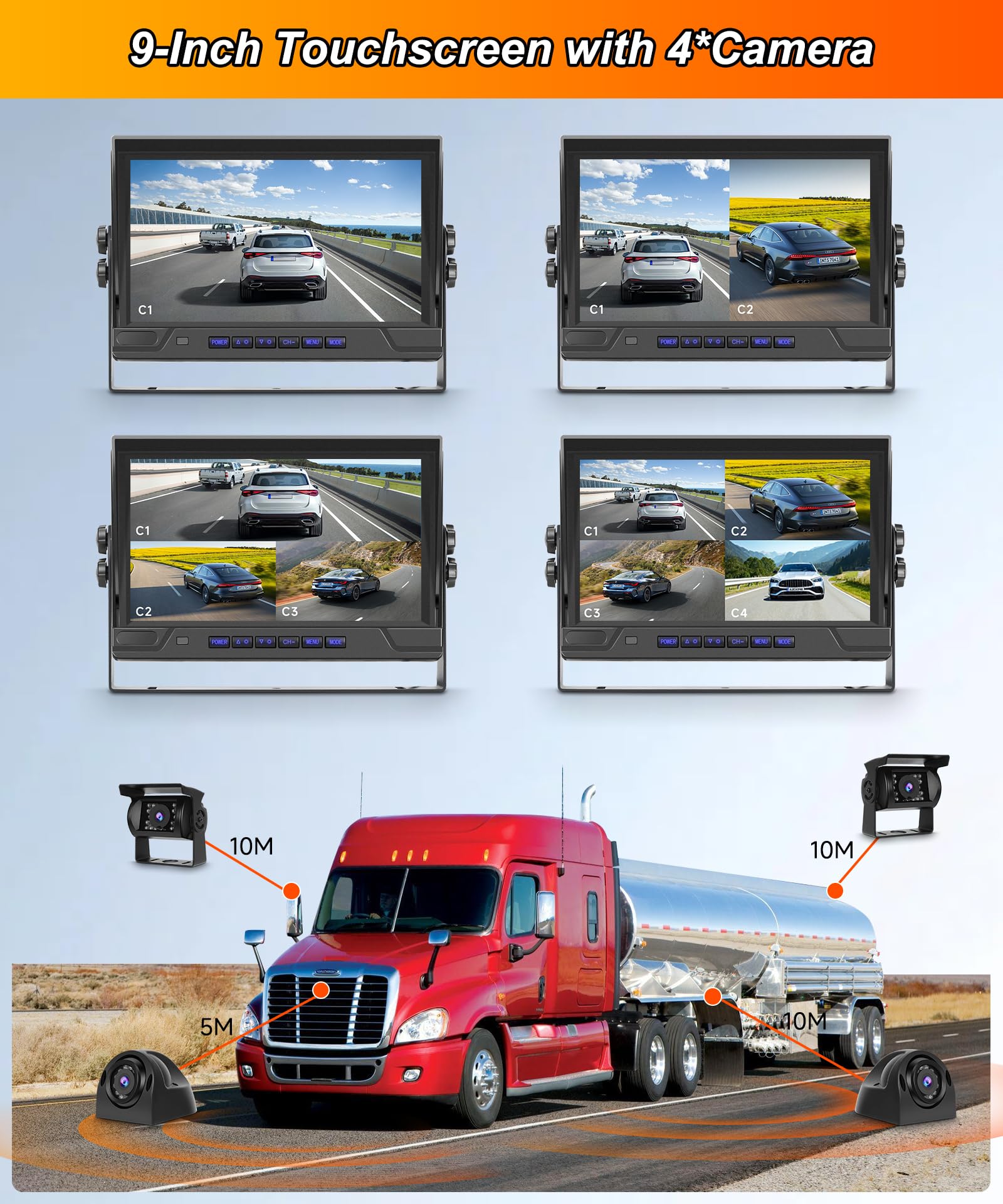 VECHTEL 4*Rückfahrkamera Kabel mit 9 Zoll IPS Monitor,Einparkhilfe,LED Rückfahrkamera Auto Nachtsich/IP68 Wasserdicht für SUV LKW Wohnmobil,DC 12–24 V,Loop-Aufnahme