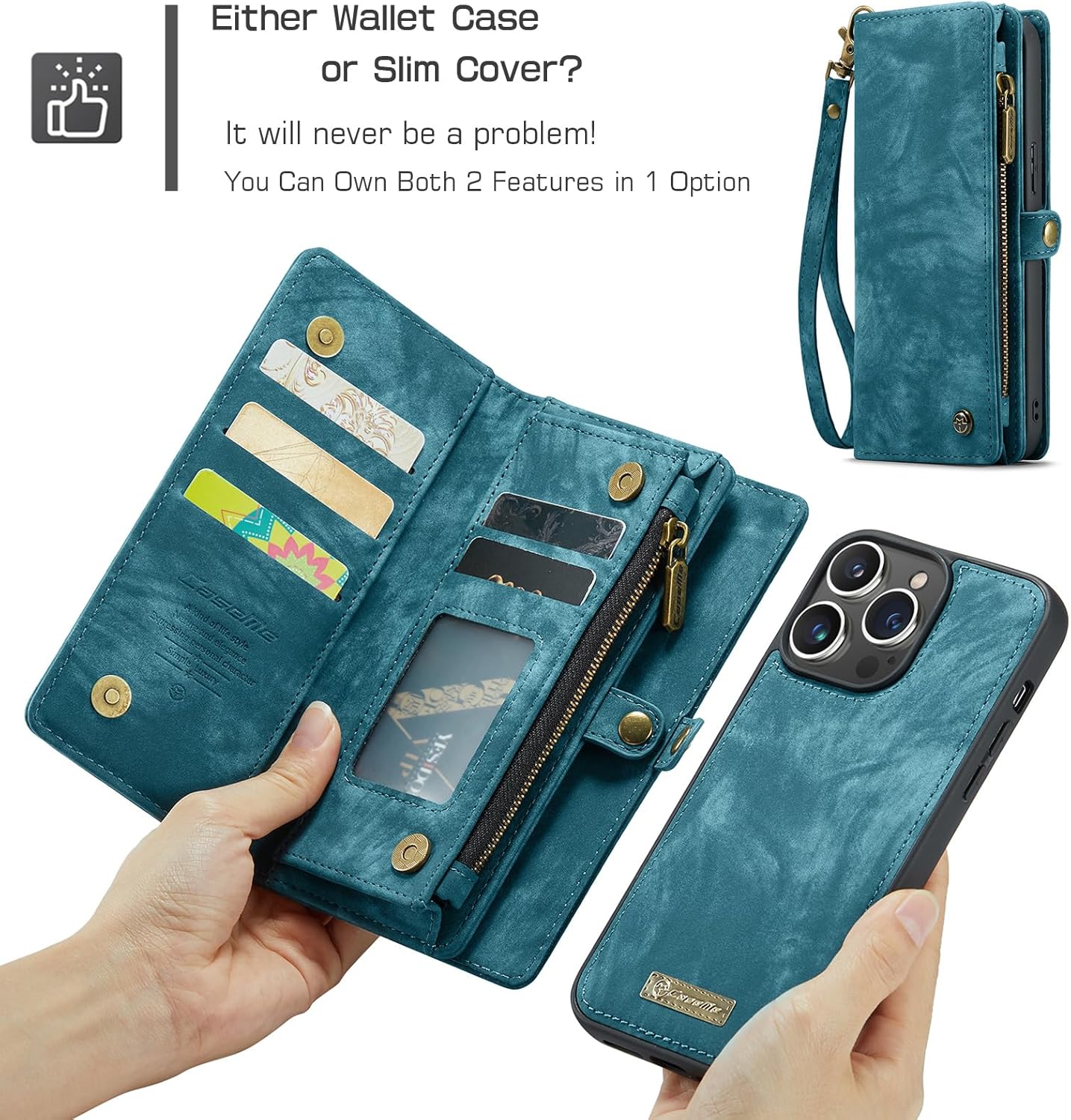 CaseMe Wallet Case for iPhone 15 Pro Max,Multi-Function 2in1 Flip Retro Handmade Durable Leather Zipper Shockproof Case with Card Slots and Detachable Magnetic Back Cover for iPhone 15 Pro Max (Blue)
