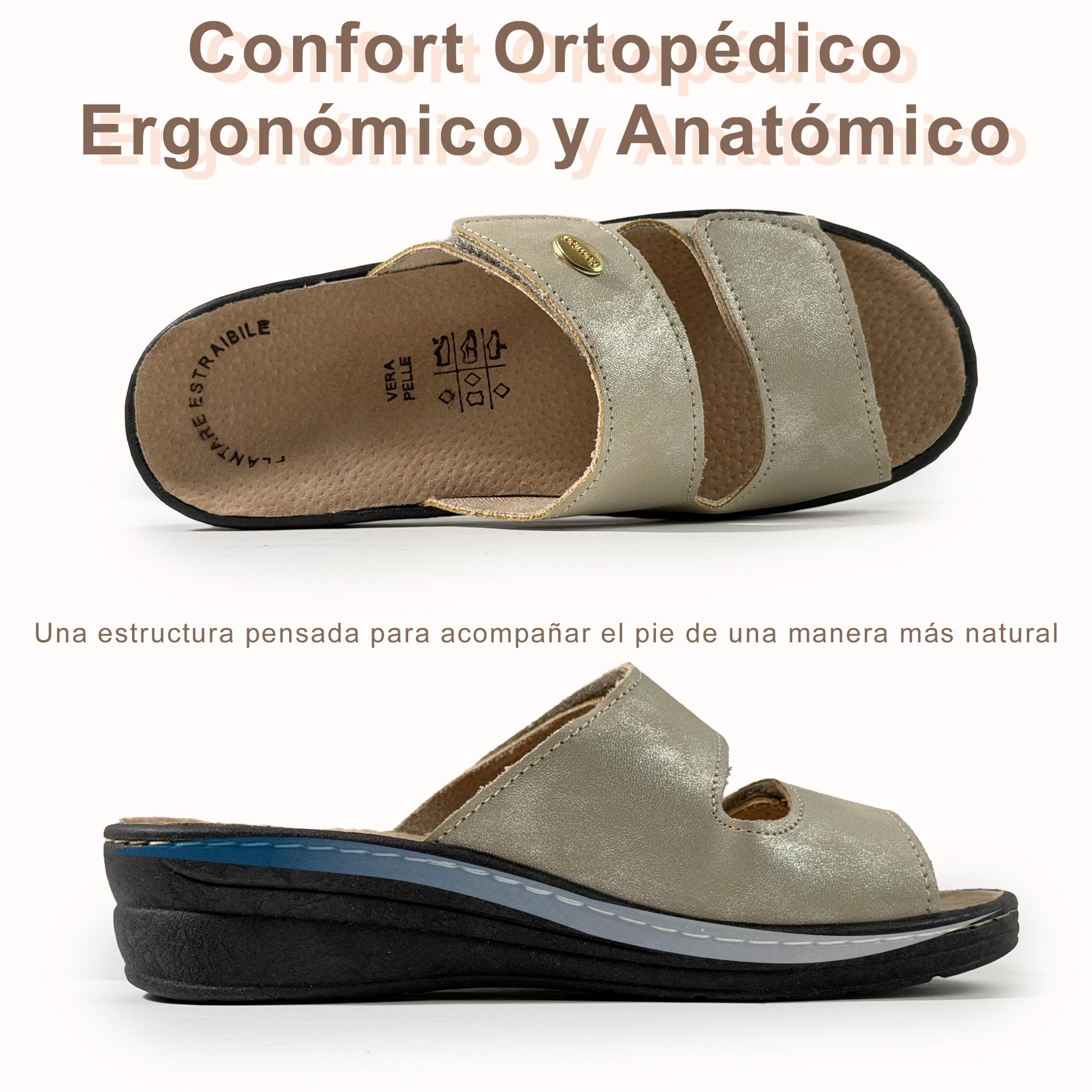 JOMIX Zapatillas Ortopédicas de Mujer con Cierre Ajustable Pantuflas de Verano Anatómicas y Ergonómicas Plantilla Extraíble de Piel Sandalias Cuña Cómoda para Pies Sensibles y Mayor