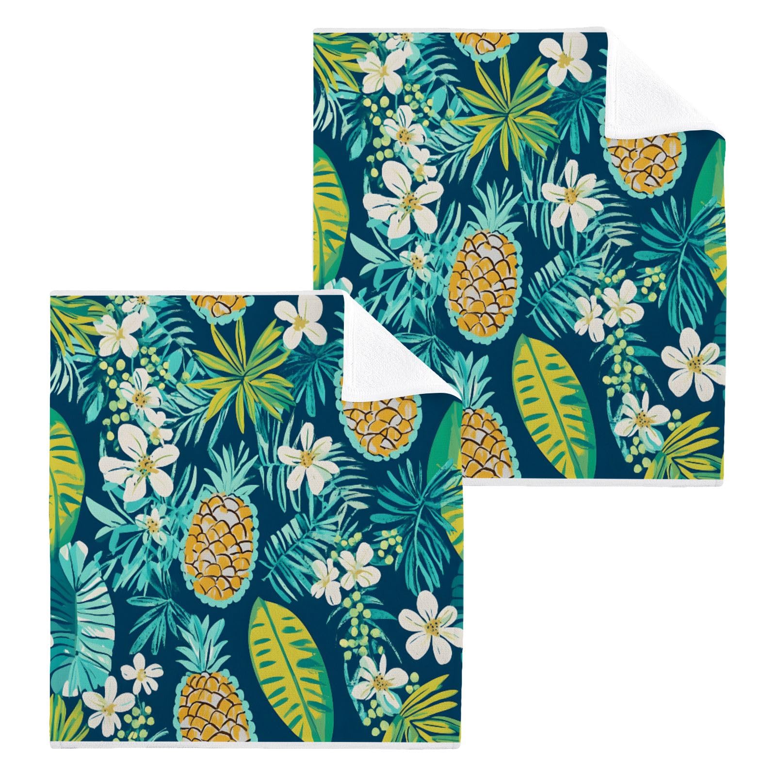 ALAZA Wash Cloth Set 100% Cotton Fingertip Towels Face Cloths Sets Pineapple Flower Green Highly Absorbent Soft Feel Set of 2