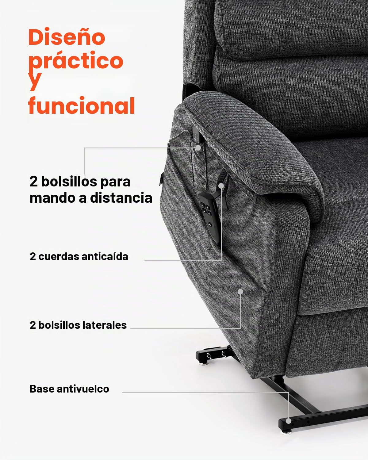 VEVOR Sillón Reclinable Eléctrico con Motor Doble y 2 Cuerdas Anticaída, Sillón Elevador con Calefacción y Masaje para Personas Mayores, Ajuste de Posición Infinito, Tamaño Mediano, Gris Oscuro