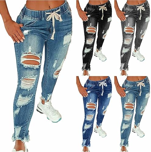 Miniatura 2 de KUNMI Jeans ajustados para mujer, cintura alta, elásticos y rasgados de mezclilla de talla grande