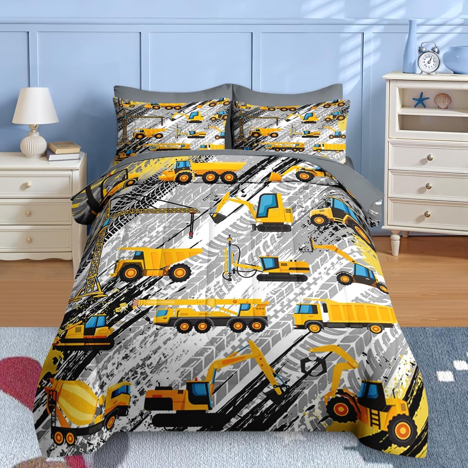 Nesker 5 Pcs Comforter Set Twin Size, Cartoon Yellow Vehicle Bedding for Kids Teen, Trucks Construction Bed Sheet with Pillowcase & Sham
