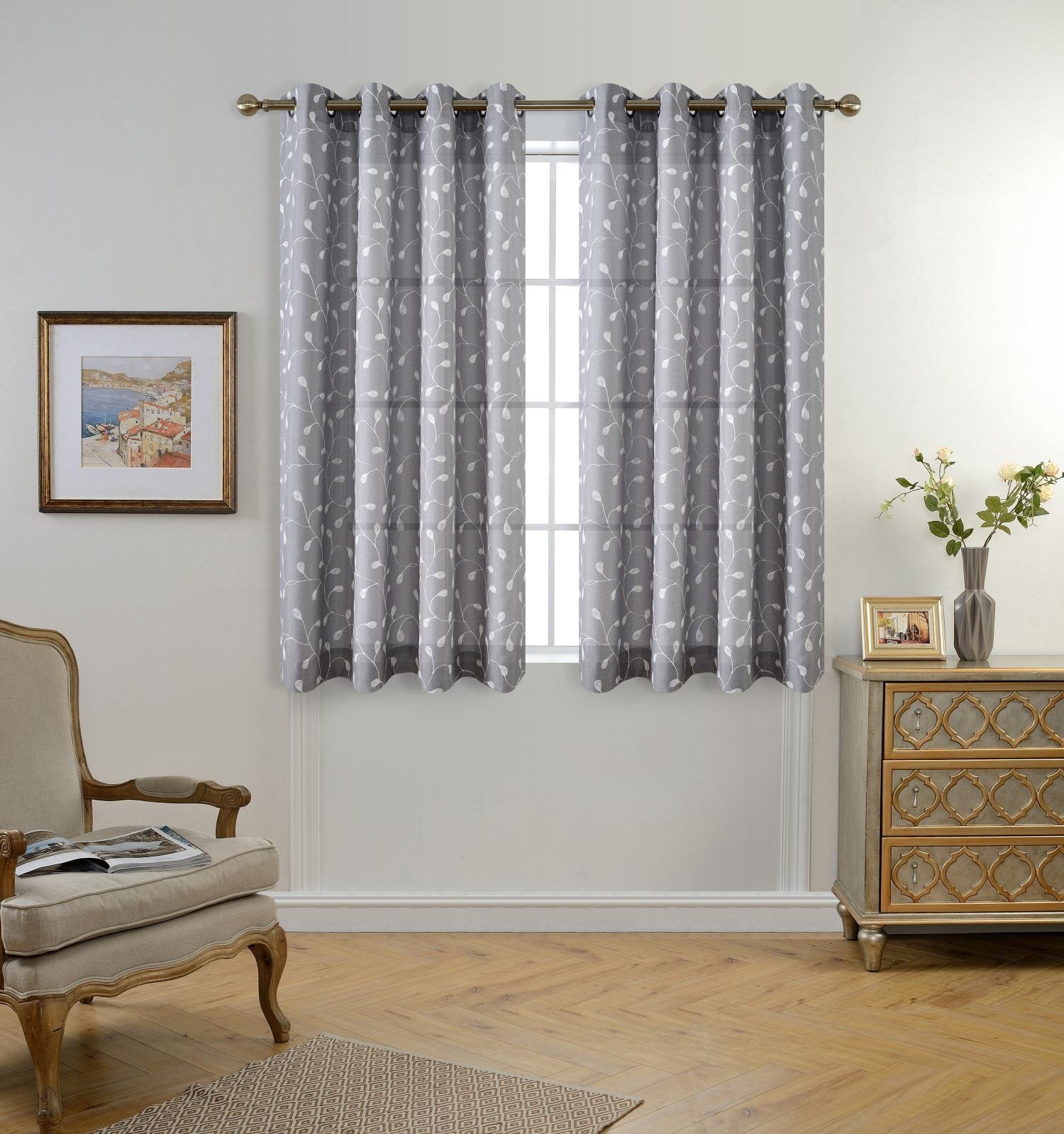 MIUCO Floral Embroidery Semi Sheer Curtains Faux Linen Grommet Curtains for Bedroom 52 x 63 Inch 2 Panels, Grey - Image 2