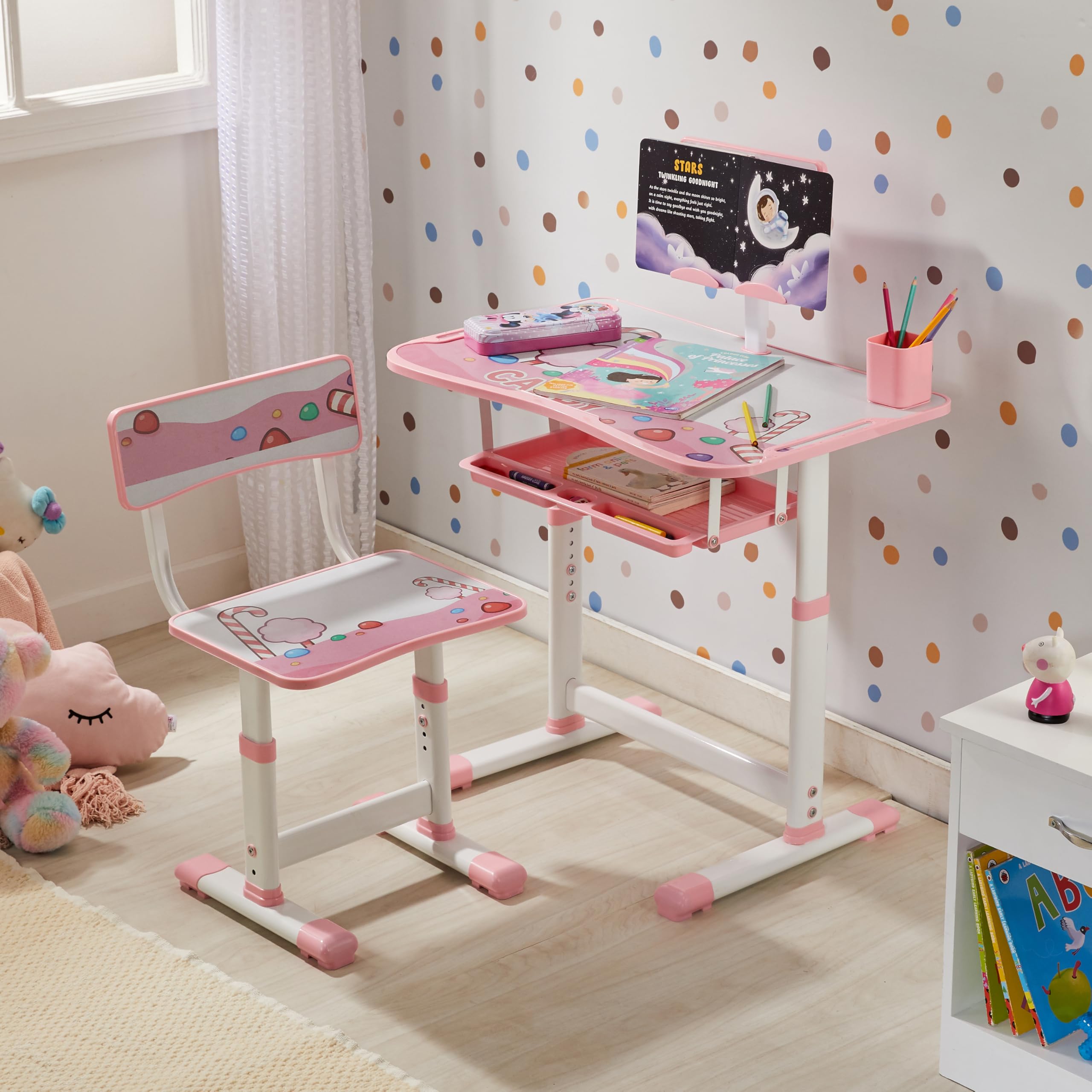 Amazon Brand - Supples Study Table for Kids | Suitable for 3-12 Years | Kids Study Table with Height Adjustable Table & Chair, Book Storage & Pen Holder | Pink | Candy Print - Image 2 thumbnail