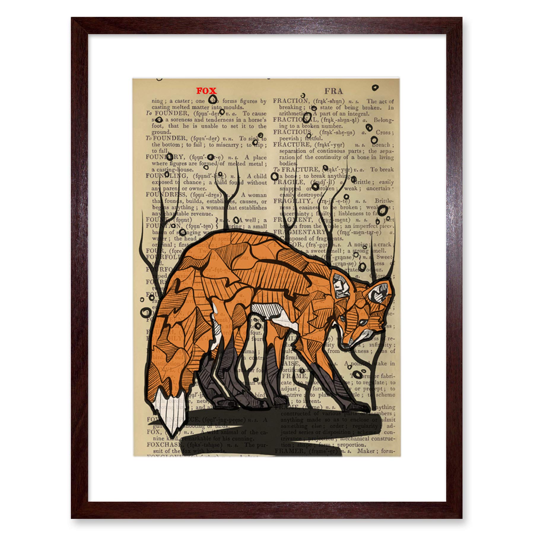 Wee Blue Coo Upcycle Dictionary Fox Artwork Framed Wall Art Print 12X16 Inch
