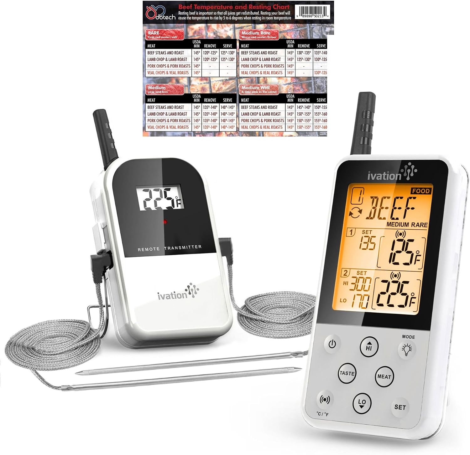 Ivation Long Range Wireless Thermometer - Remote BBQ, Smoker, Grill, Oven, Meat Thermometer - Monitors Food from Up to 300 Feet Away (Large White Magnet)