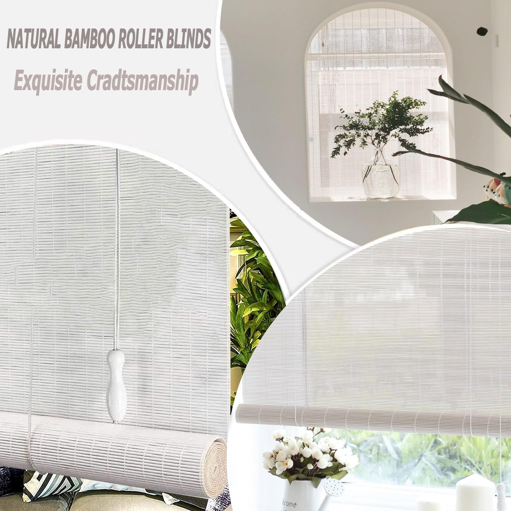 Blanc Stores à Enroulement en Bambou Rétro,Store Fenetre Occultant Stores à Enrouleur en Bambou Naturel pour Maison Intérieur Et Extérieur Terrasse