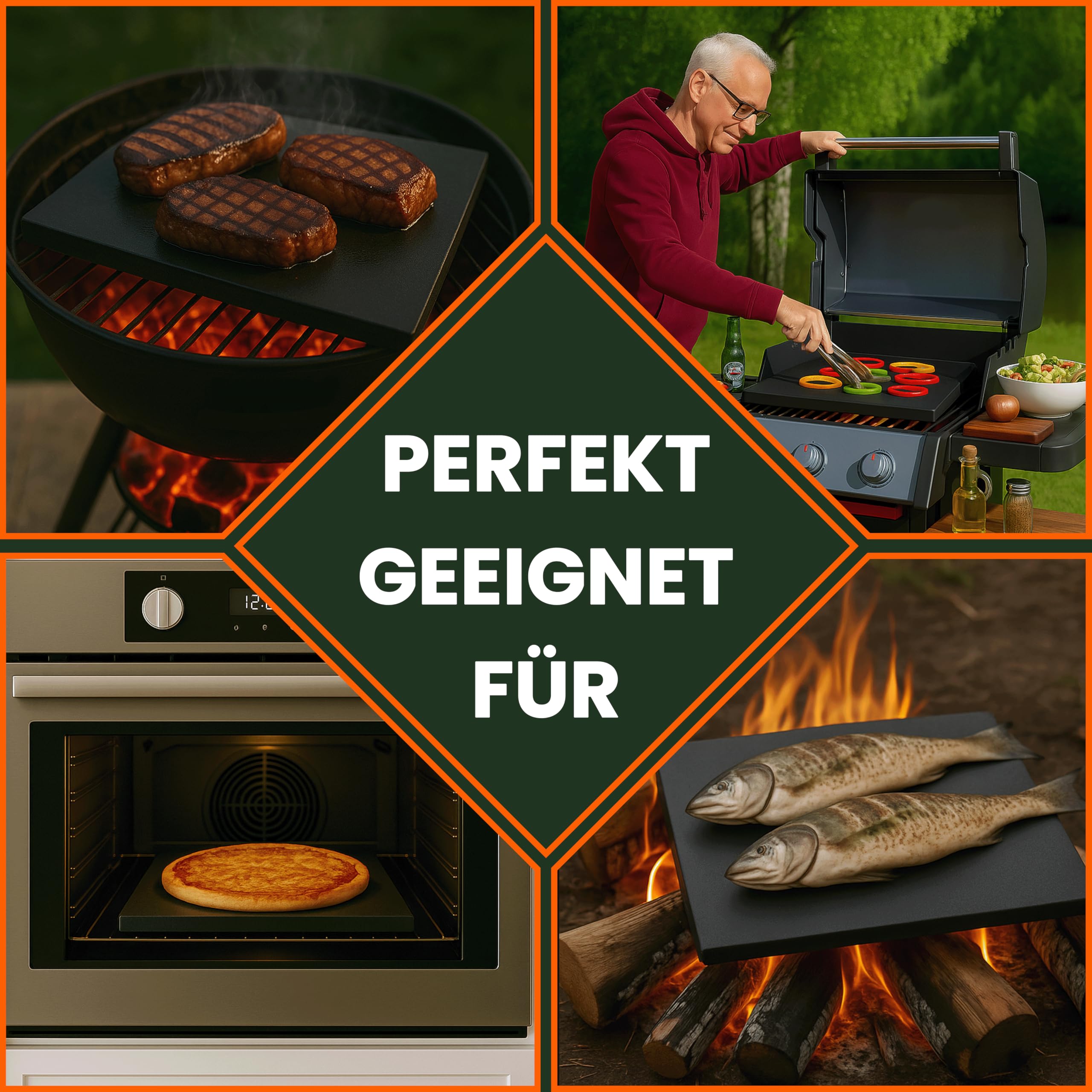 Pizzastein für Backofen & Grill – 375x297x20mm Glasierter Cordierit-Backstein, Rissbeständig für Brot & Heißer Stein-Grillen – Din En1388-1 zertifiziert – Made in Germany | Rechteckige Form, für Elektrogrill & Pizzaöfen geeignet, hitzebeständig bis 900°C,
