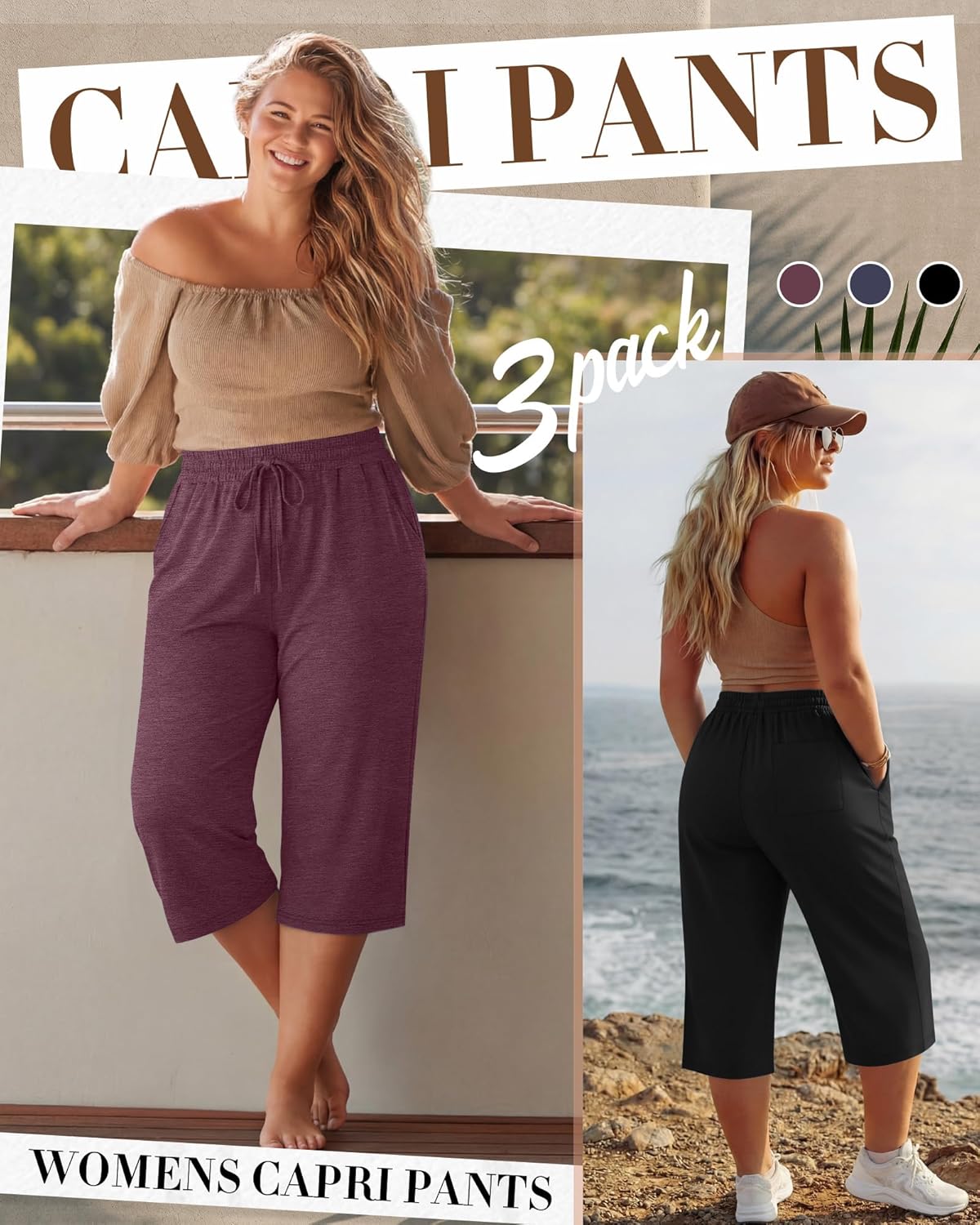 Neer 3 Pack Women's Plus Size Cotton Capris, Stretchy Wide Leg Cropped Pants with Pockets Loose Lounge Pajama Sweatpants - Image 3